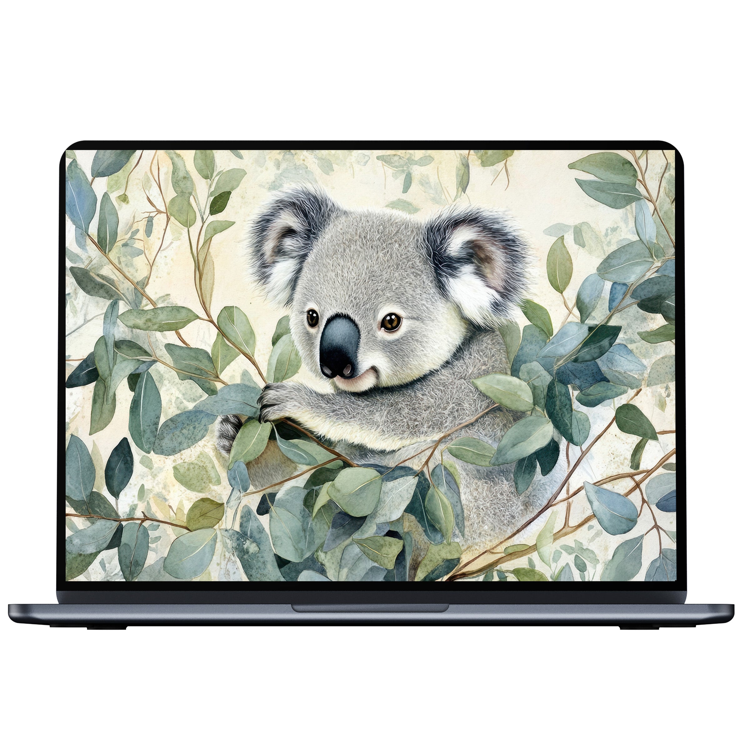 Serene koala in lush eucalyptus, perfect nursery desktop wallpaper for PC or laptop digital download inspiring calm and elegance