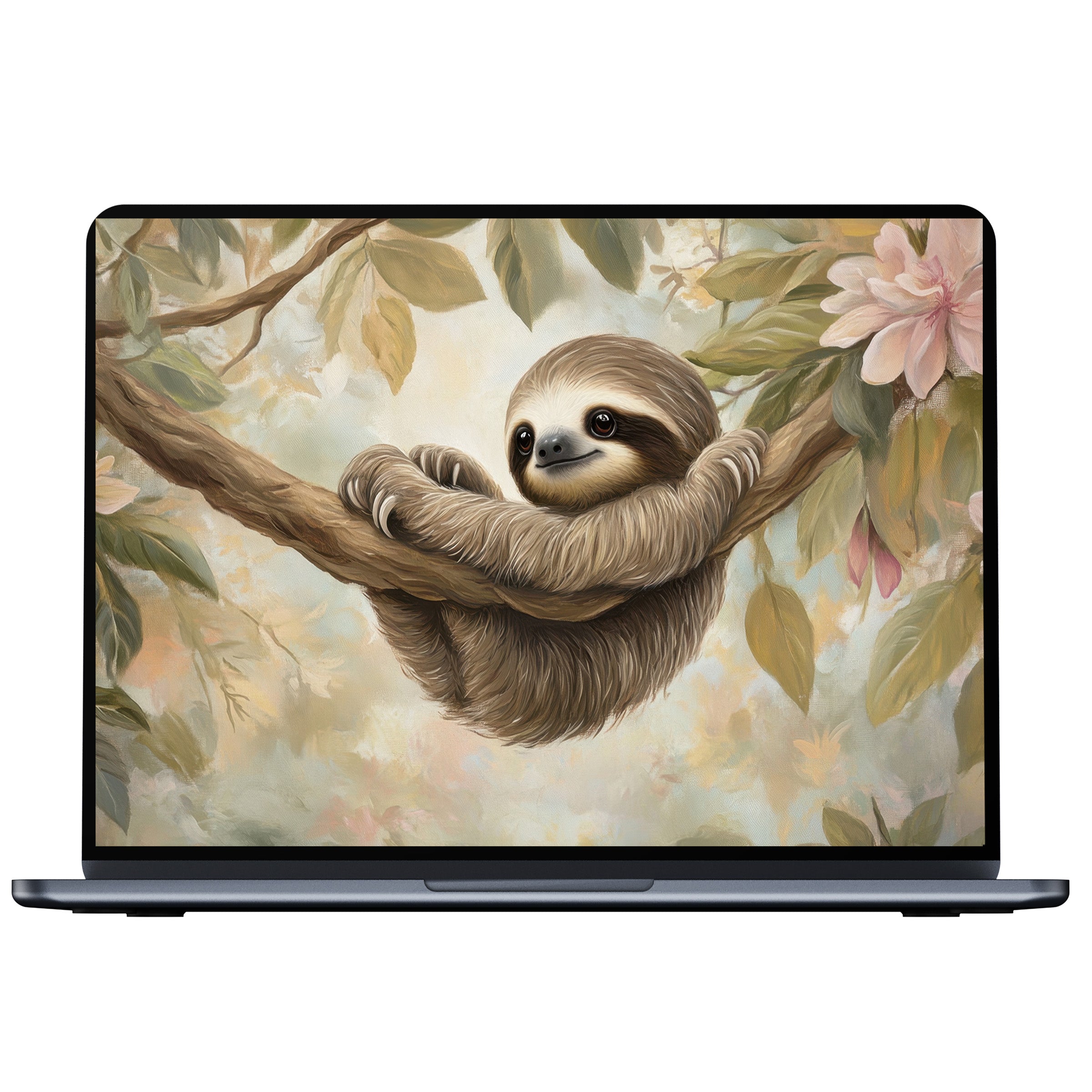 Elegant nursery desktop wallpaper featuring a serene sloth amidst pastel foliage perfect for digital download on PC or laptop