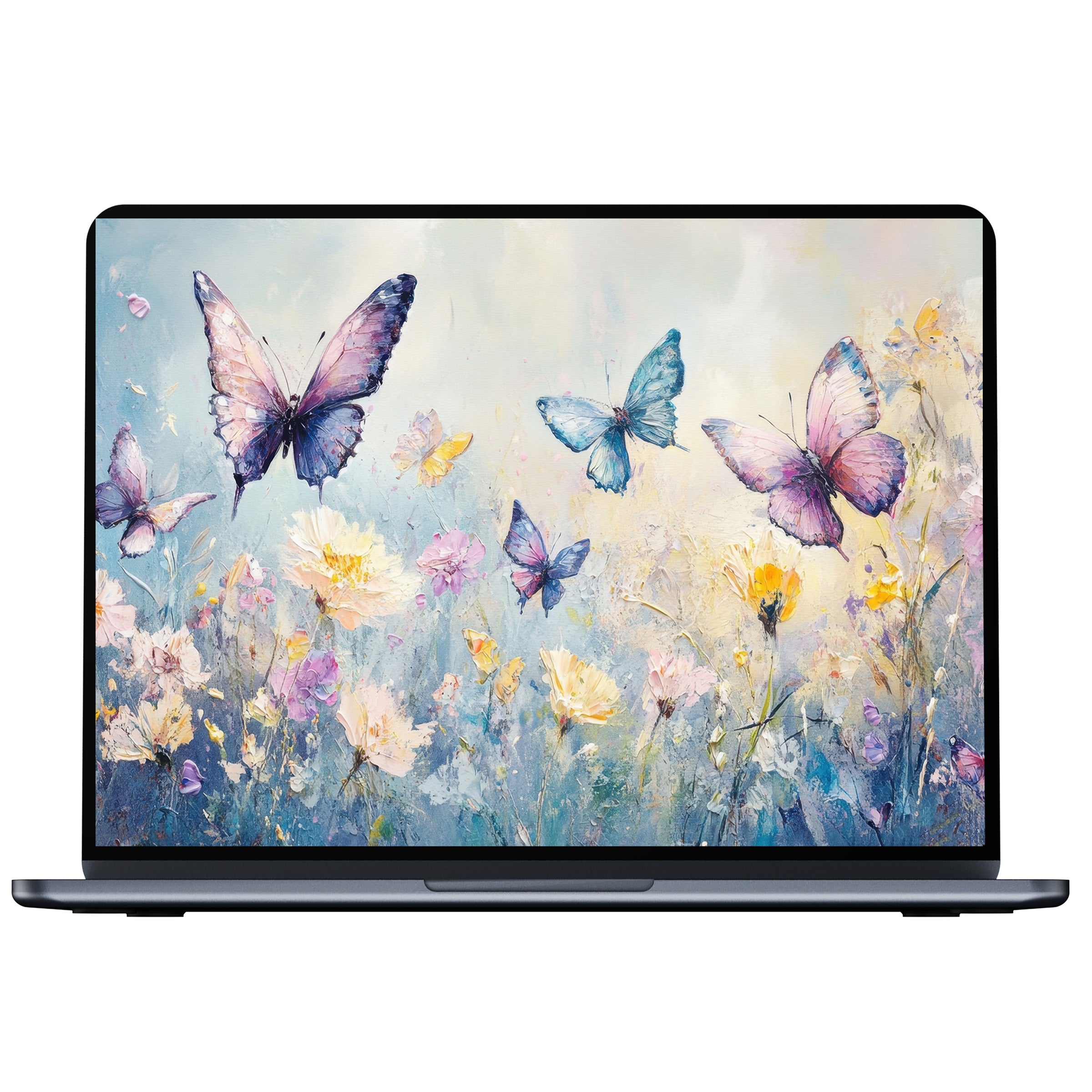Serene nursery desktop wallpaper digital download featuring pastel butterflies in a floral field perfect for PC and laptop screens