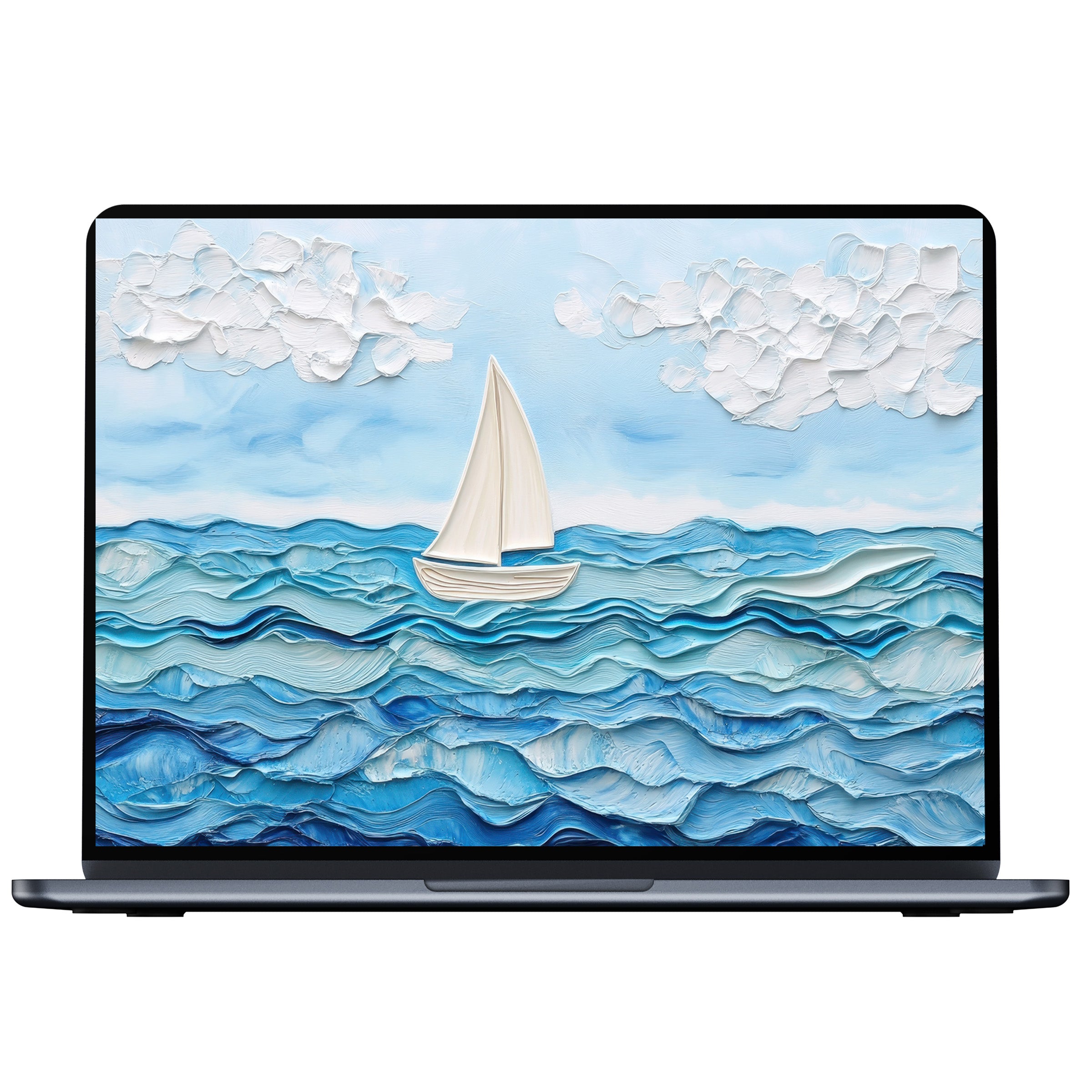 Serene nursery desktop wallpaper digital download with textured waves and sailboat exudes calm for PC and laptop screens