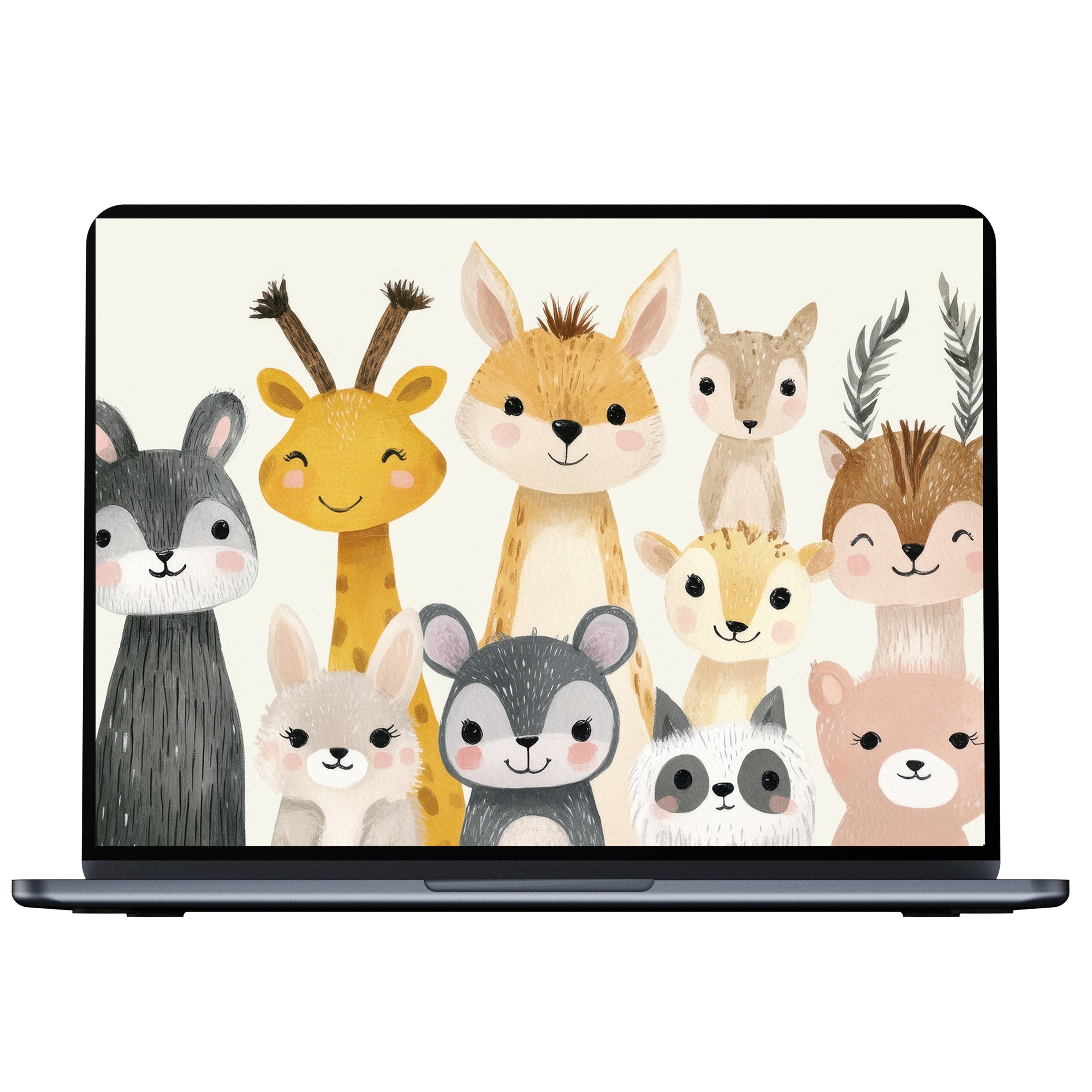 Charming nursery desktop wallpaper with playful woodland animals in soft pastel tones for digital download on PC and laptop screens