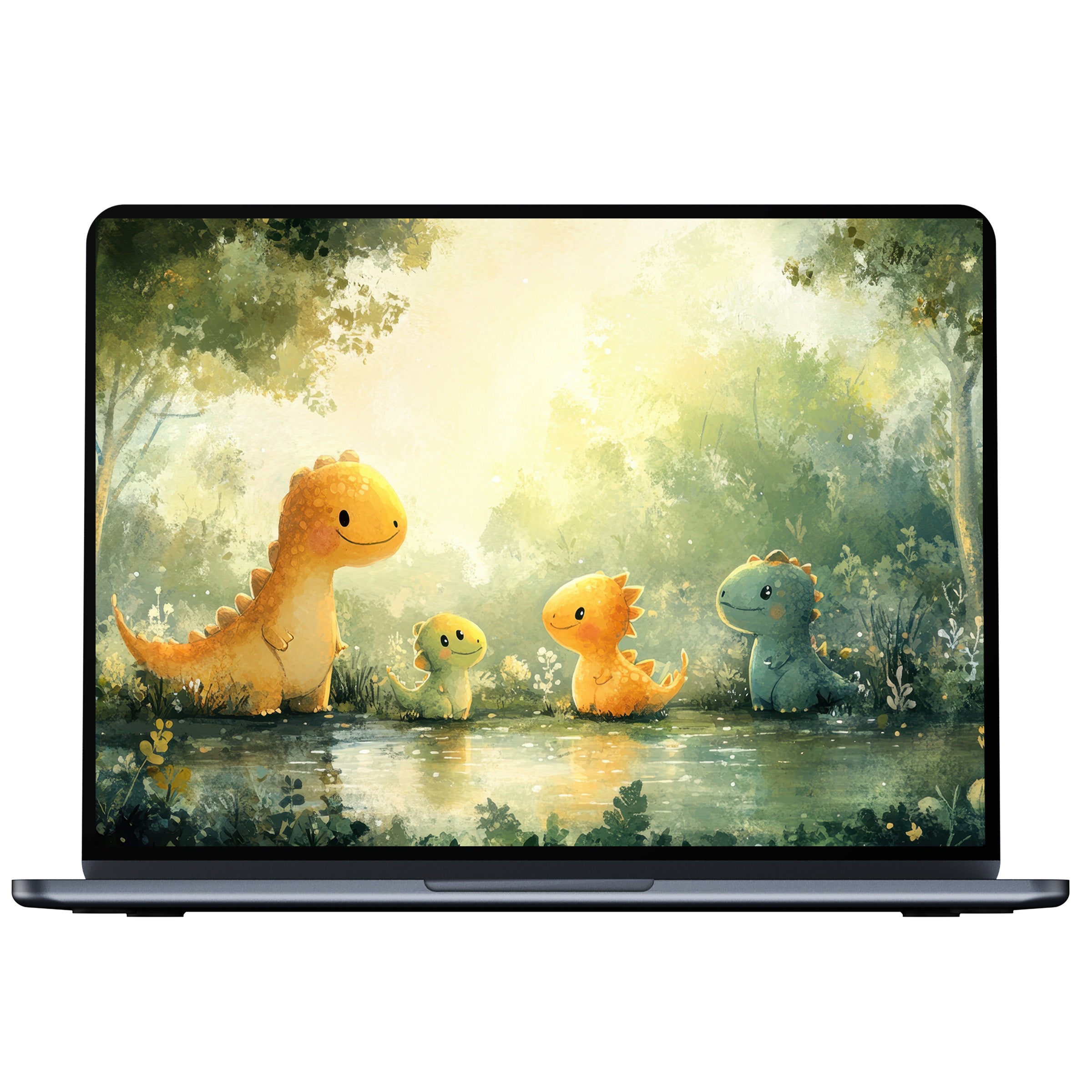 Whimsical nursery desktop wallpaper featuring cute dinosaurs by a serene pond inspires calm on PC, laptop, and Mac digital download