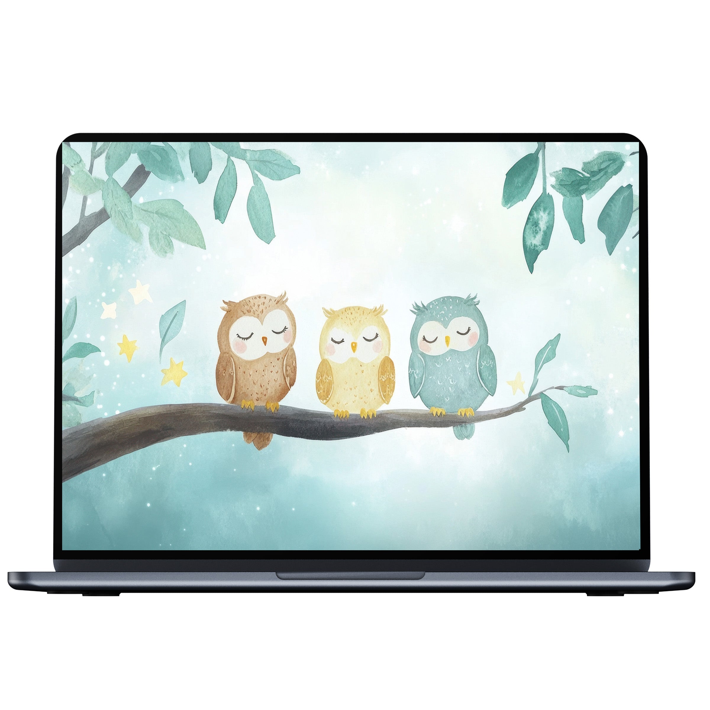 Calming nursery desktop wallpaper featuring three whimsical owls on a branch, perfect digital download for PC, laptop, and Mac displays