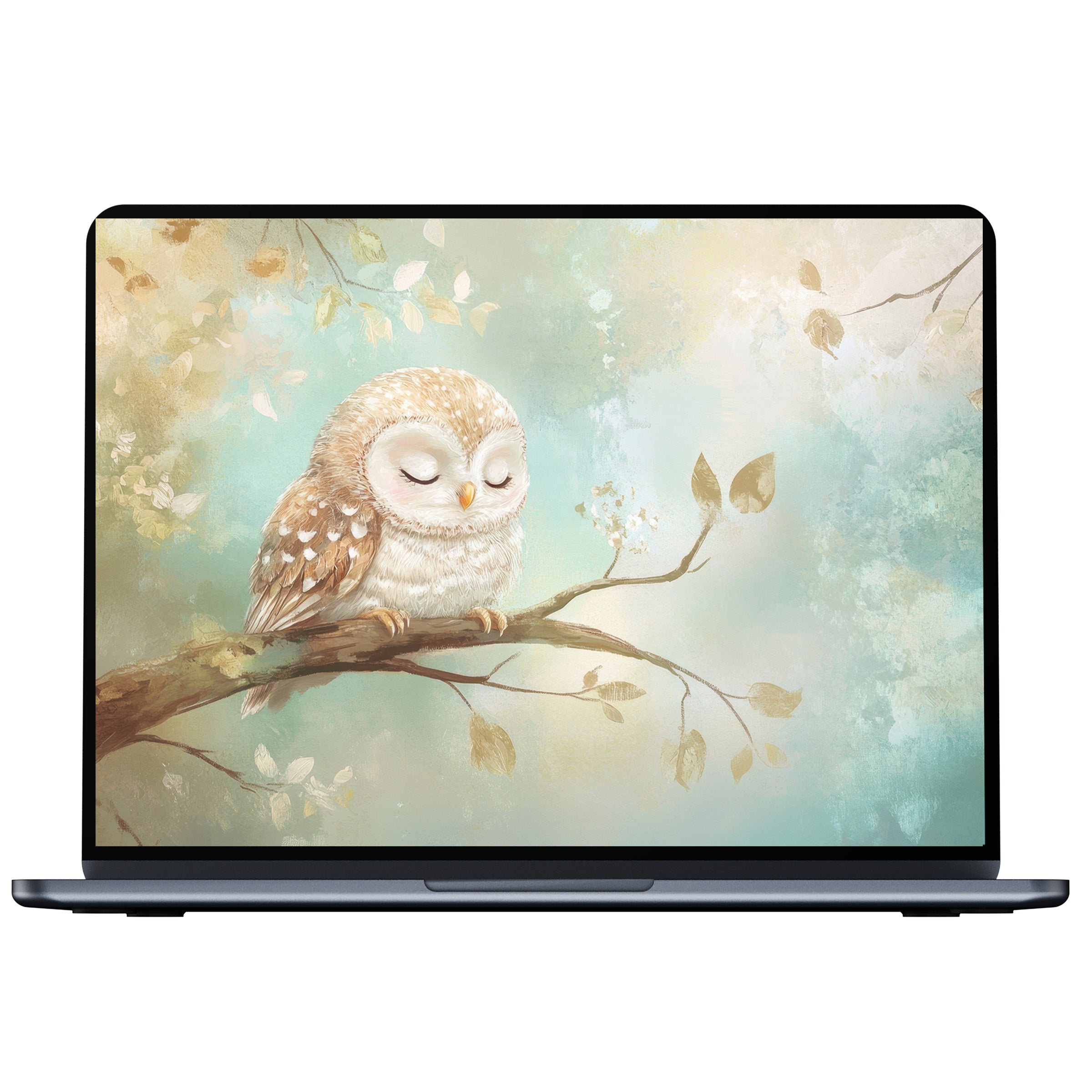 Serene nursery desktop wallpaper featuring a tranquil owl on a branch in pastel hues digital download perfect for PC and laptop