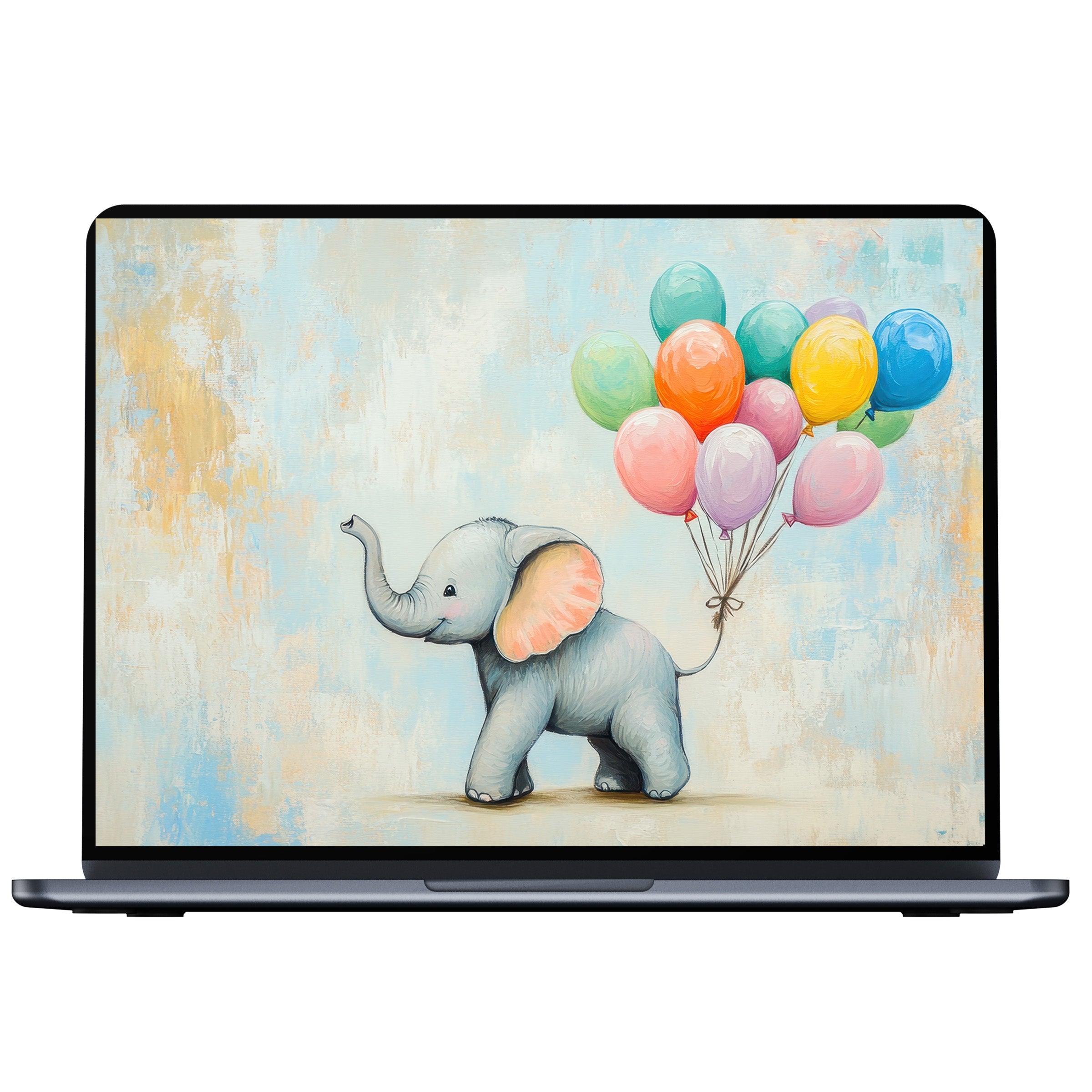 Nursery desktop wallpaper with a whimsical elephant holding balloons in pastel hues, perfect for PC, laptop, or Mac digital download