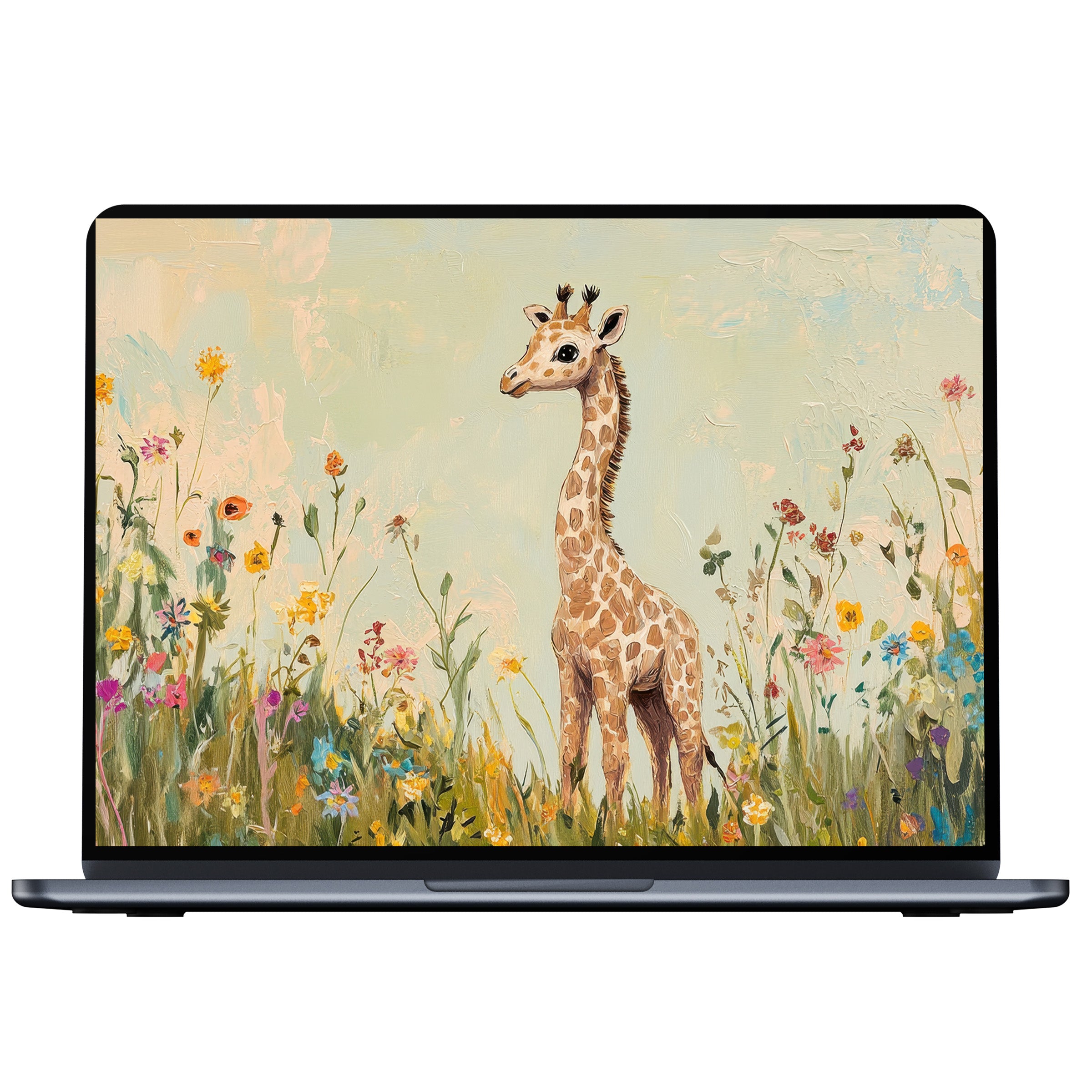 Calming nursery desktop wallpaper with a charming giraffe in wildflowers for digital download fits PC, Laptop, Mac for elegance