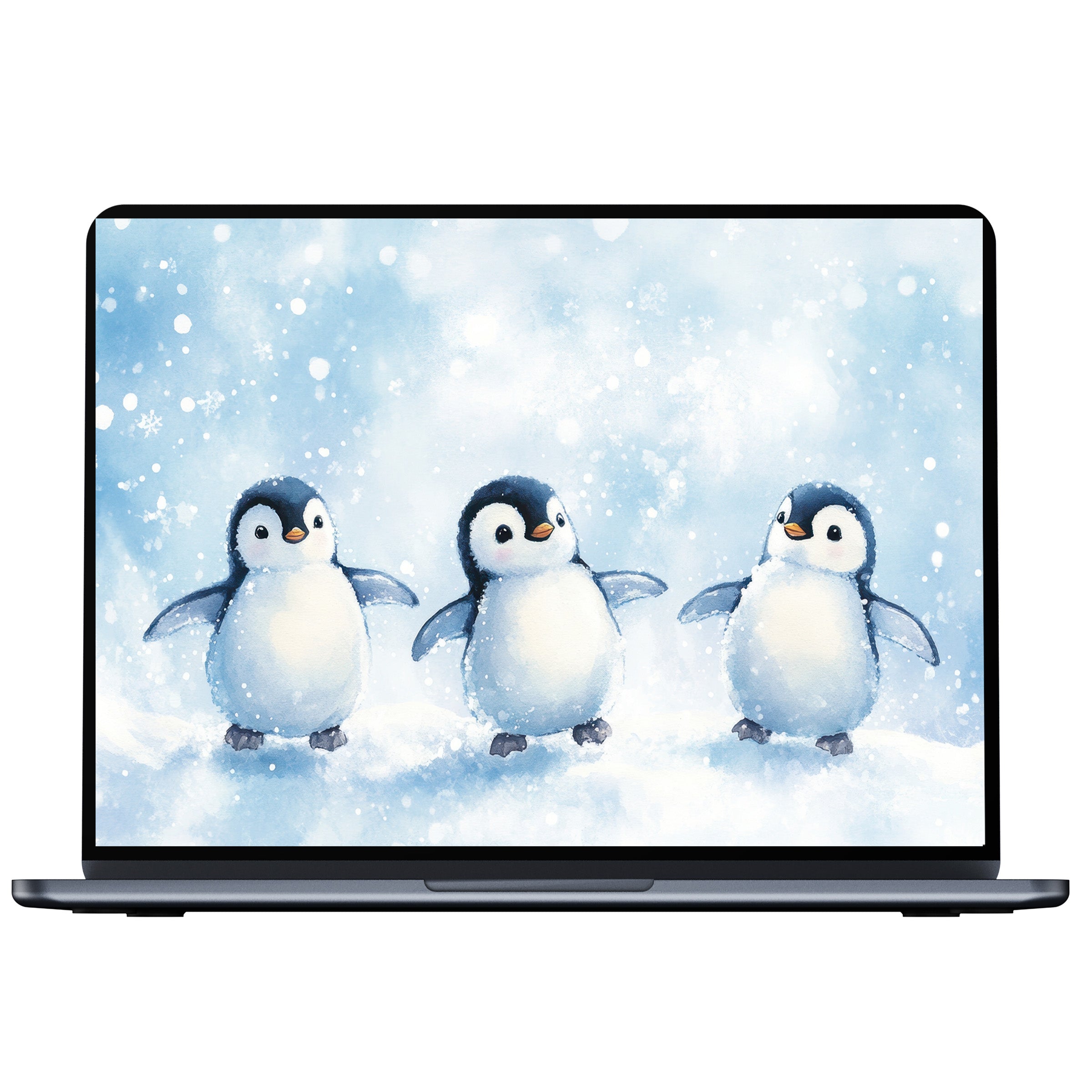 Charming nursery desktop wallpaper depicting playful penguins in a snowy scene brings calm and inspiration to your PC, laptop, or Mac digital download