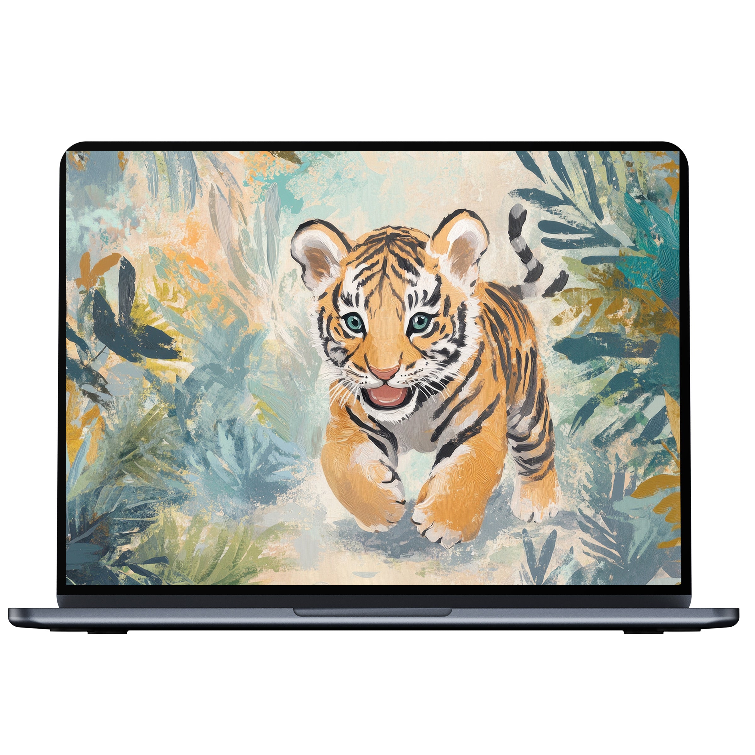 Cheerful baby tiger in lush foliage nursery desktop wallpaper digital download radiates calm and elegance for PC or laptop