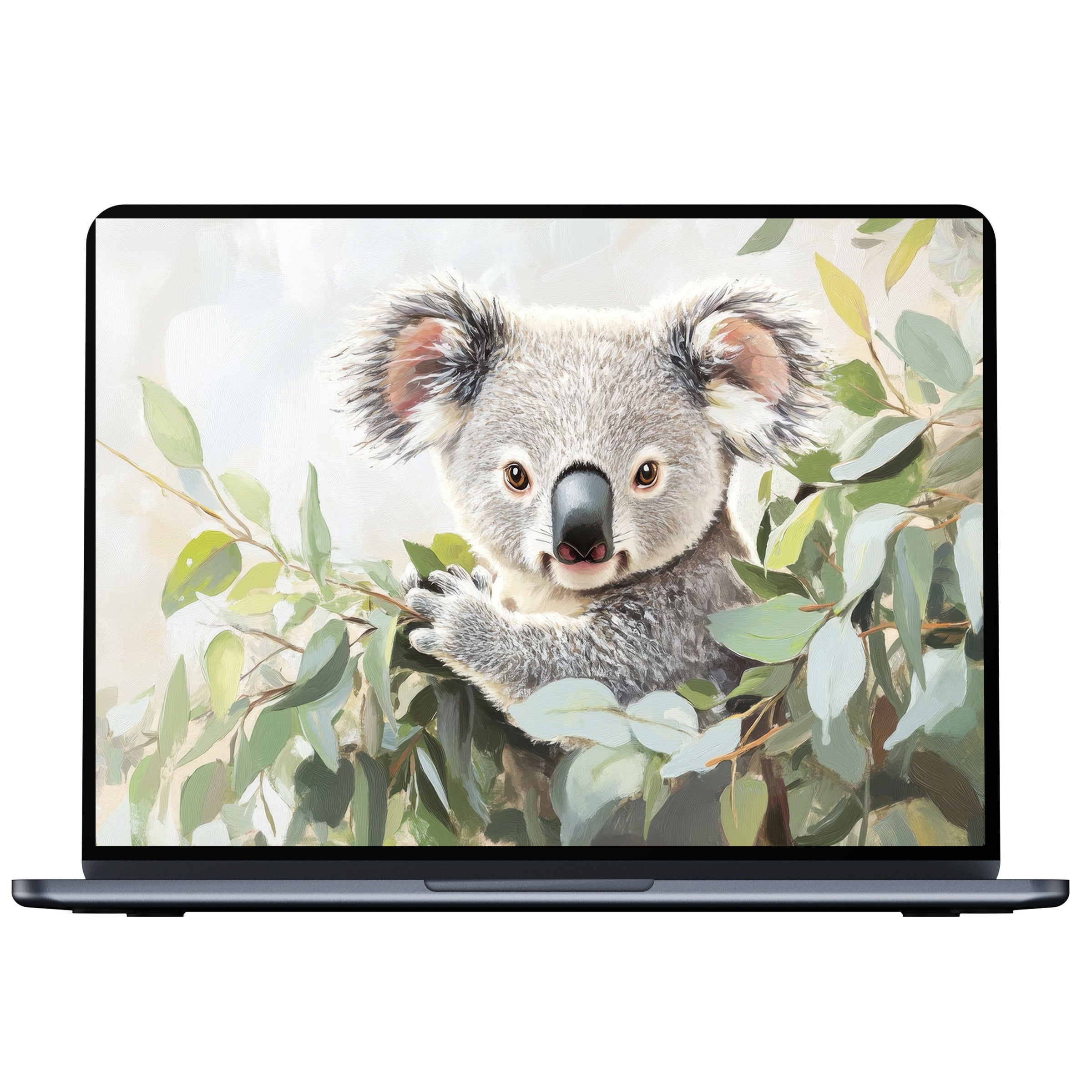 Nursery desktop wallpaper featuring a serene koala amidst lush eucalyptus, perfect digital download for elegant PC or laptop display