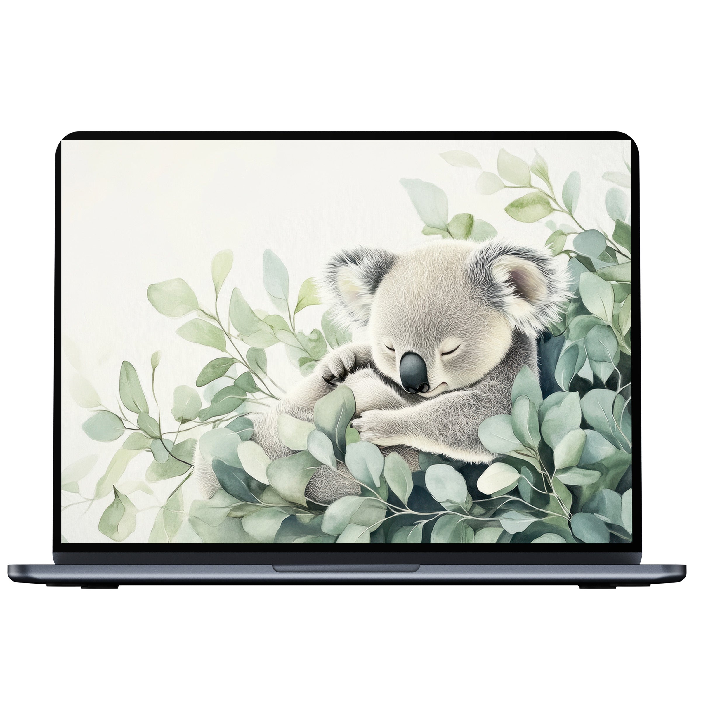 Serene nursery desktop wallpaper featuring a sleeping koala amid lush leaves, perfect digital download for PC and laptop users seeking tranquility