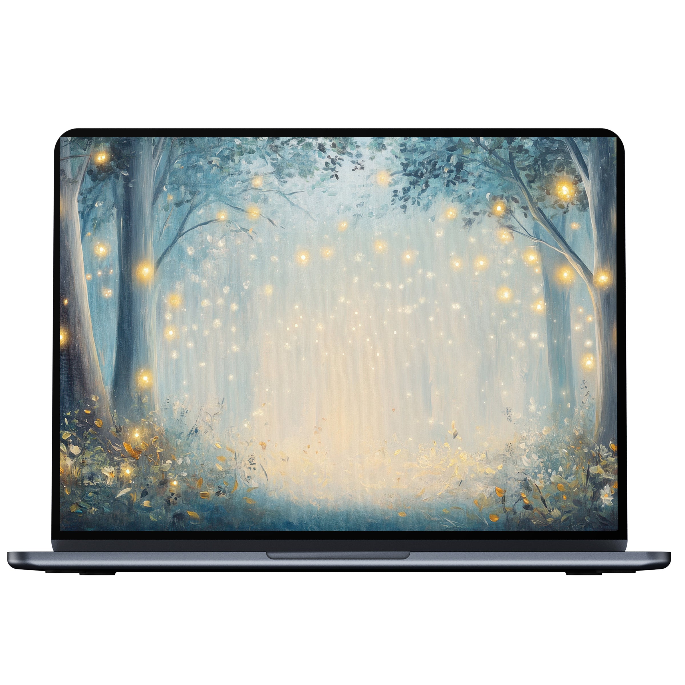 Ethereal nursery desktop wallpaper in teal and gold tones, digital download for PC and laptop, evokes calm and inspiration