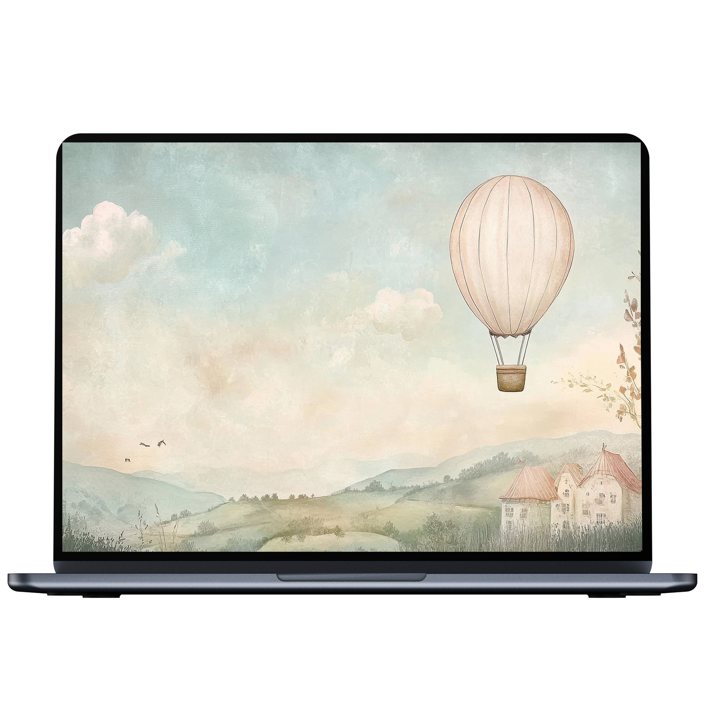Ethereal nursery desktop wallpaper with a serene hot air balloon scene evokes calm inspiration for PC and laptop digital download