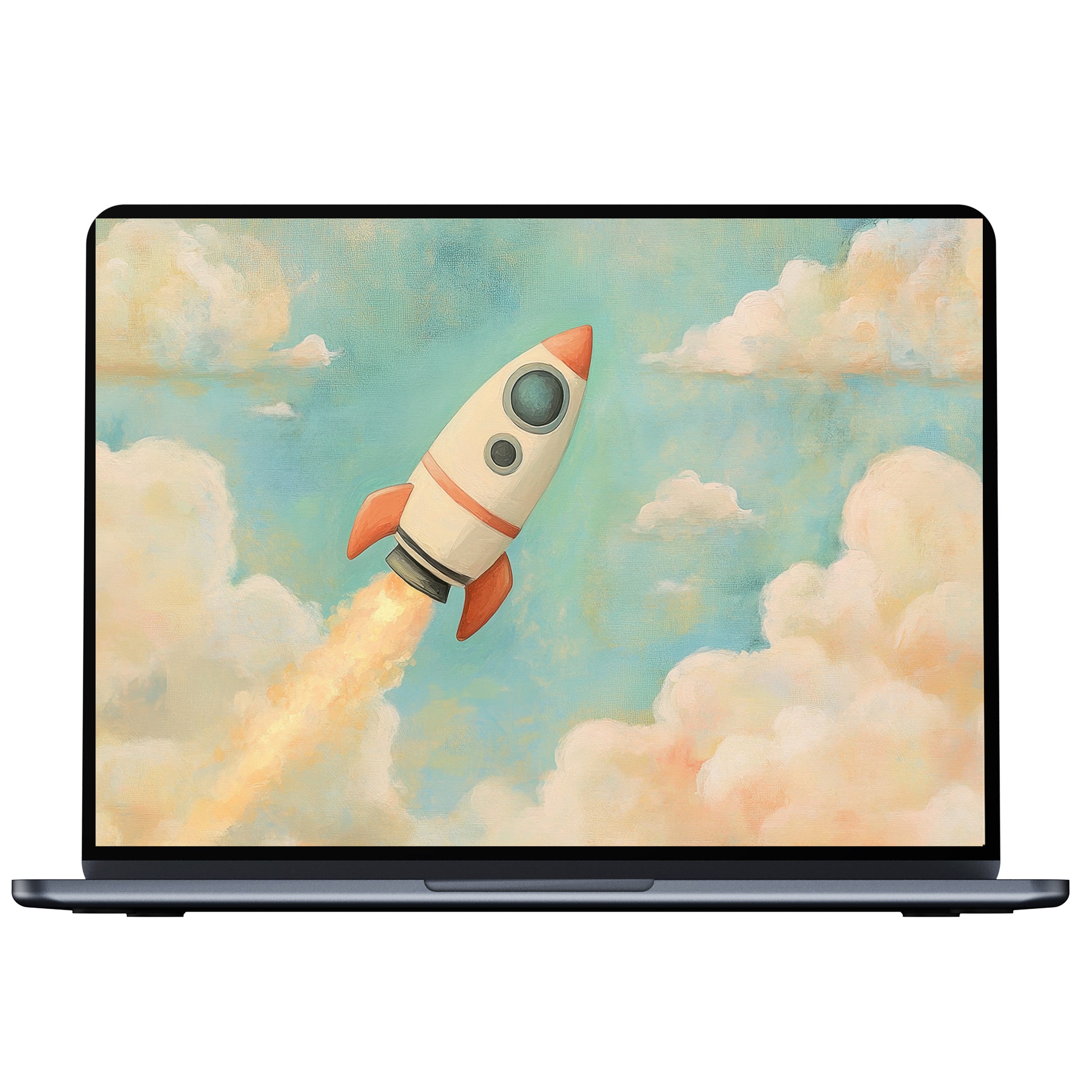 Nursery desktop wallpaper digital download featuring a dreamy rocket soaring through pastel clouds inspires elegance for PC and laptop