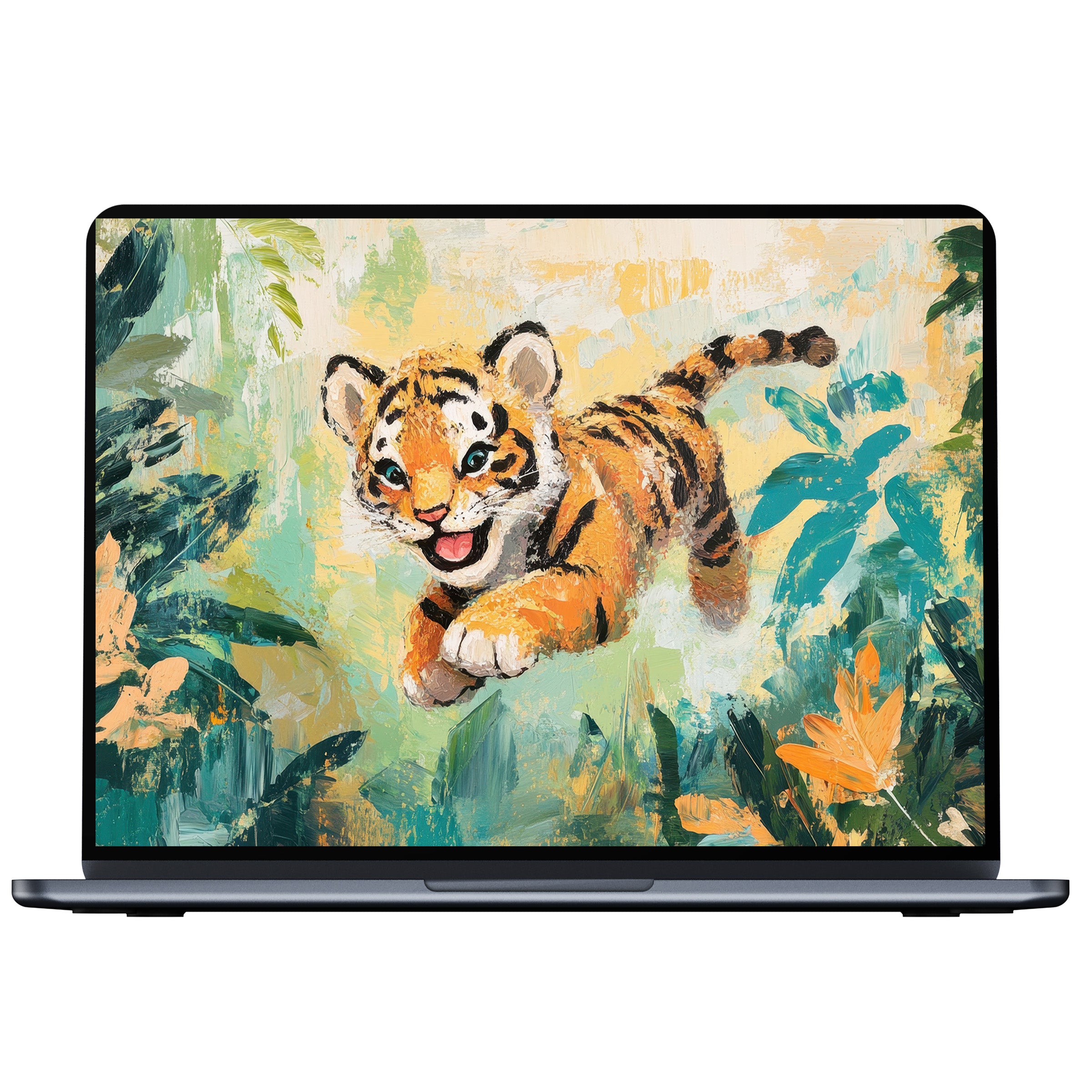 Vibrant nursery desktop wallpaper featuring a playful tiger cub amidst lush foliage, perfect digital download for PC or laptop users seeking inspiration