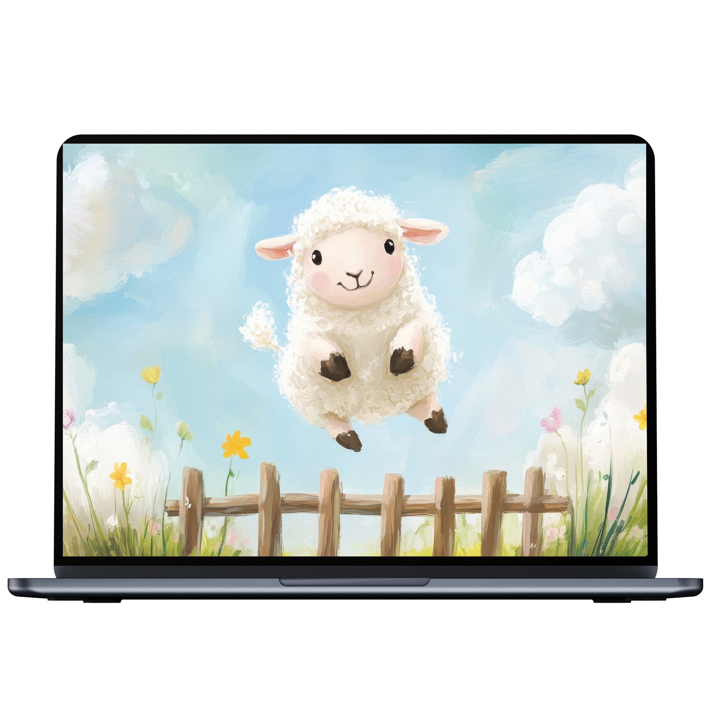 Charming nursery desktop wallpaper with a joyful lamb against a serene sky perfect digital download for PC or laptop inspiration