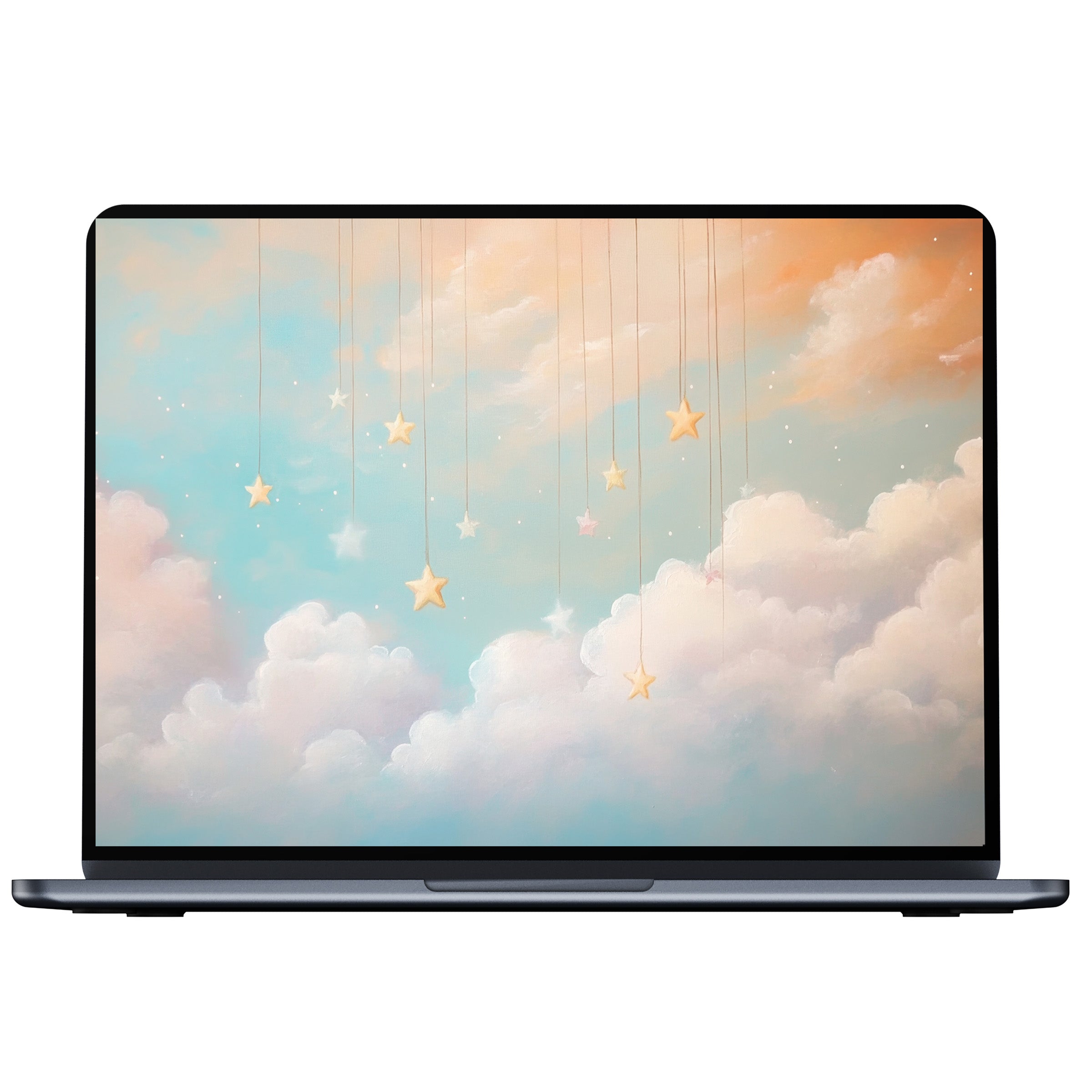 Serene nursery desktop wallpaper with dreamy clouds and stars in pastel hues, a calming digital download for PC, laptop, or Mac
