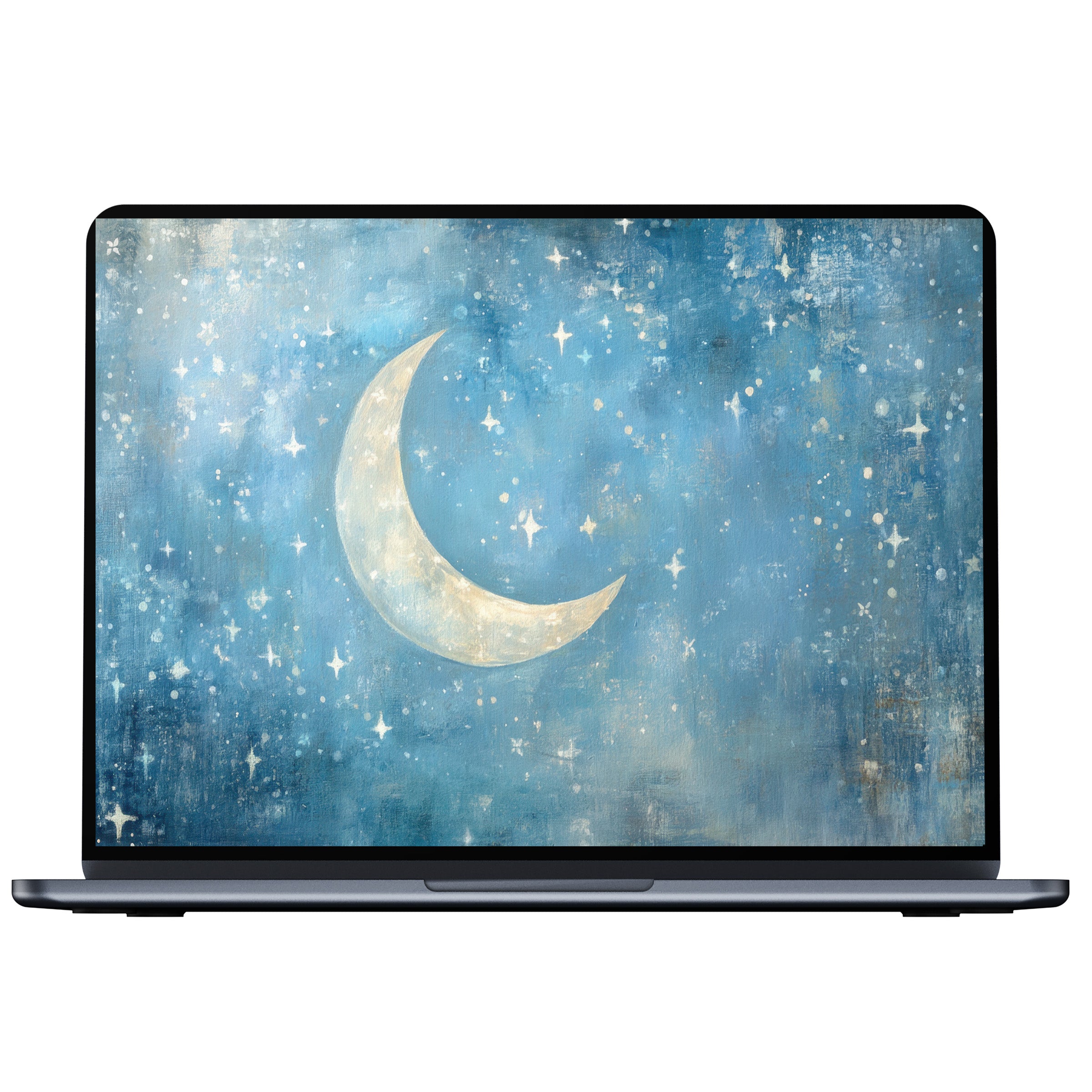 Elegant nursery desktop wallpaper featuring a serene crescent moon amid soft blue starry sky perfect for PC, laptop digital download