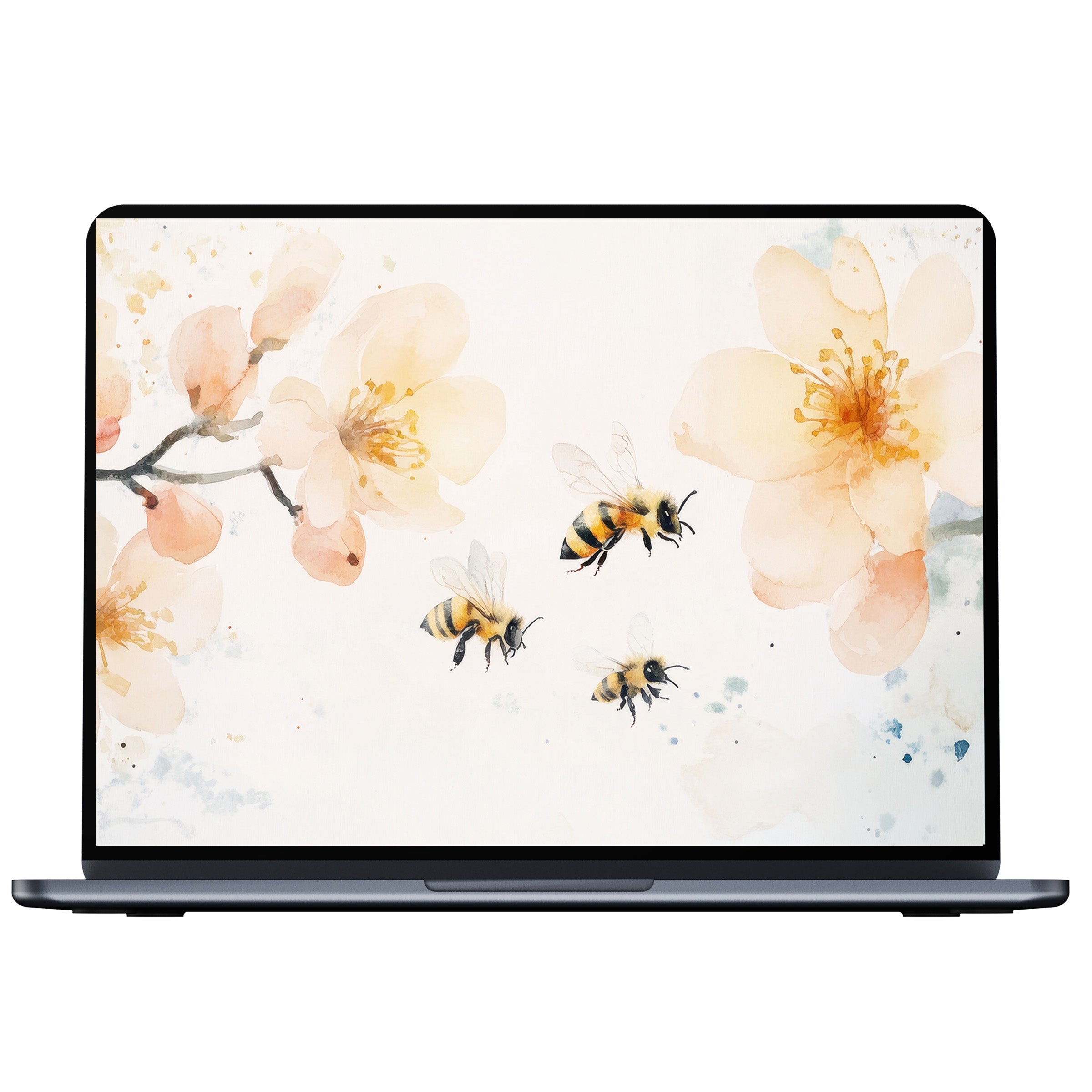 Watercolor flowers and bees in nursery desktop wallpaper offer calm elegance as a digital download for PC, laptop, Mac mindfulness
