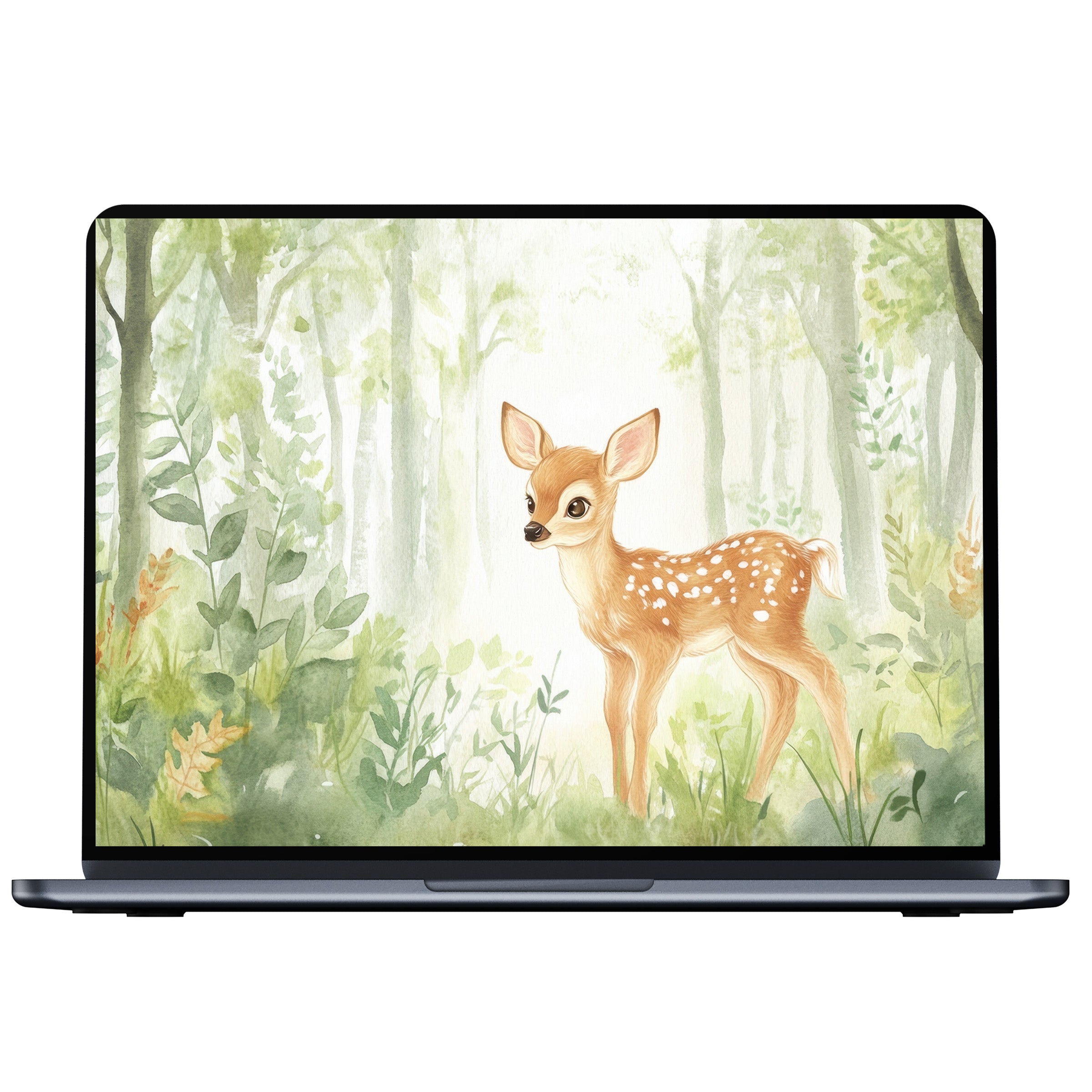 Serene digital download nursery desktop wallpaper featuring a watercolor fawn in a lush forest fits PC and laptop screens beautifully