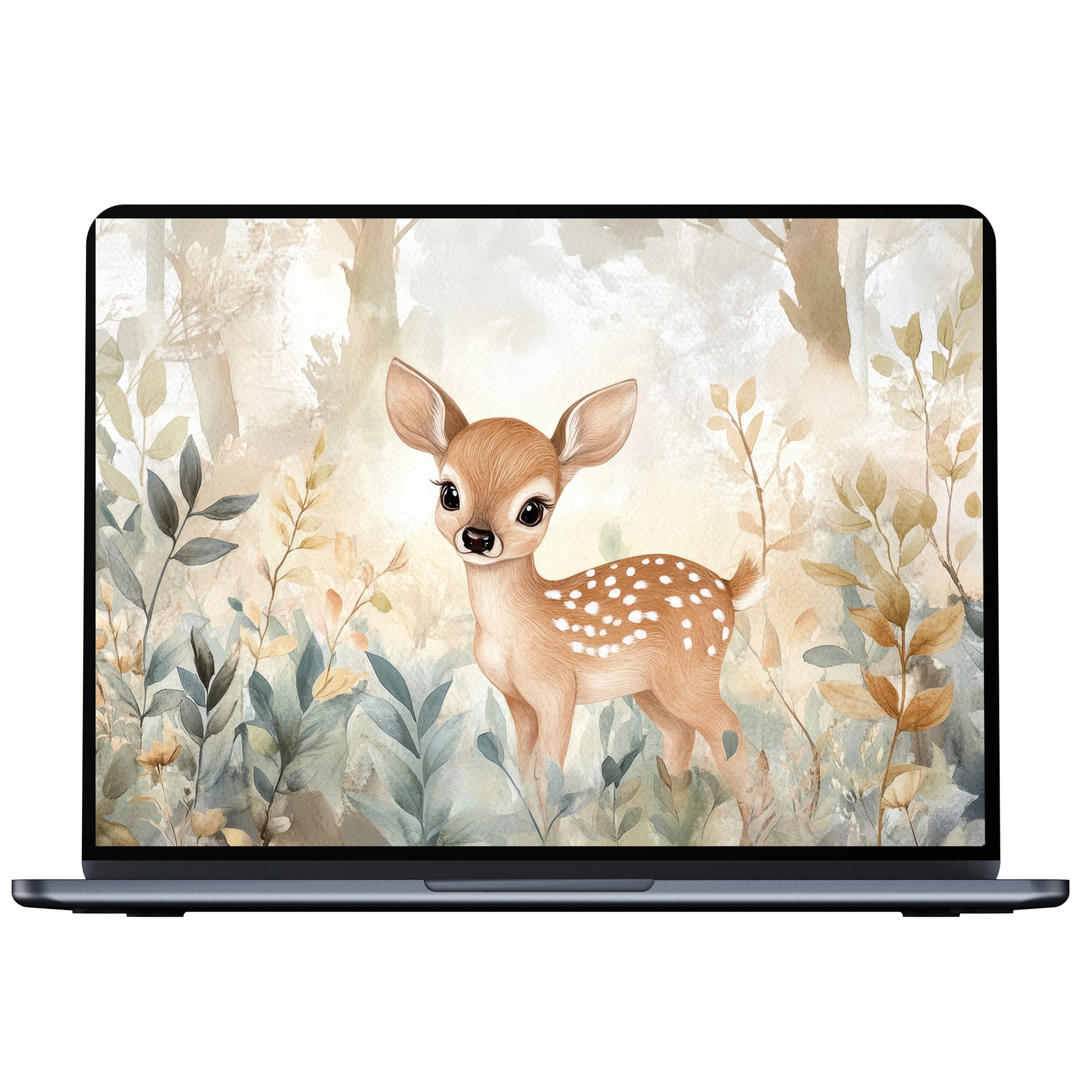Serene nursery desktop wallpaper featuring a whimsical deer in pastel forest hues for digital download, fits PC, Laptop, Mac