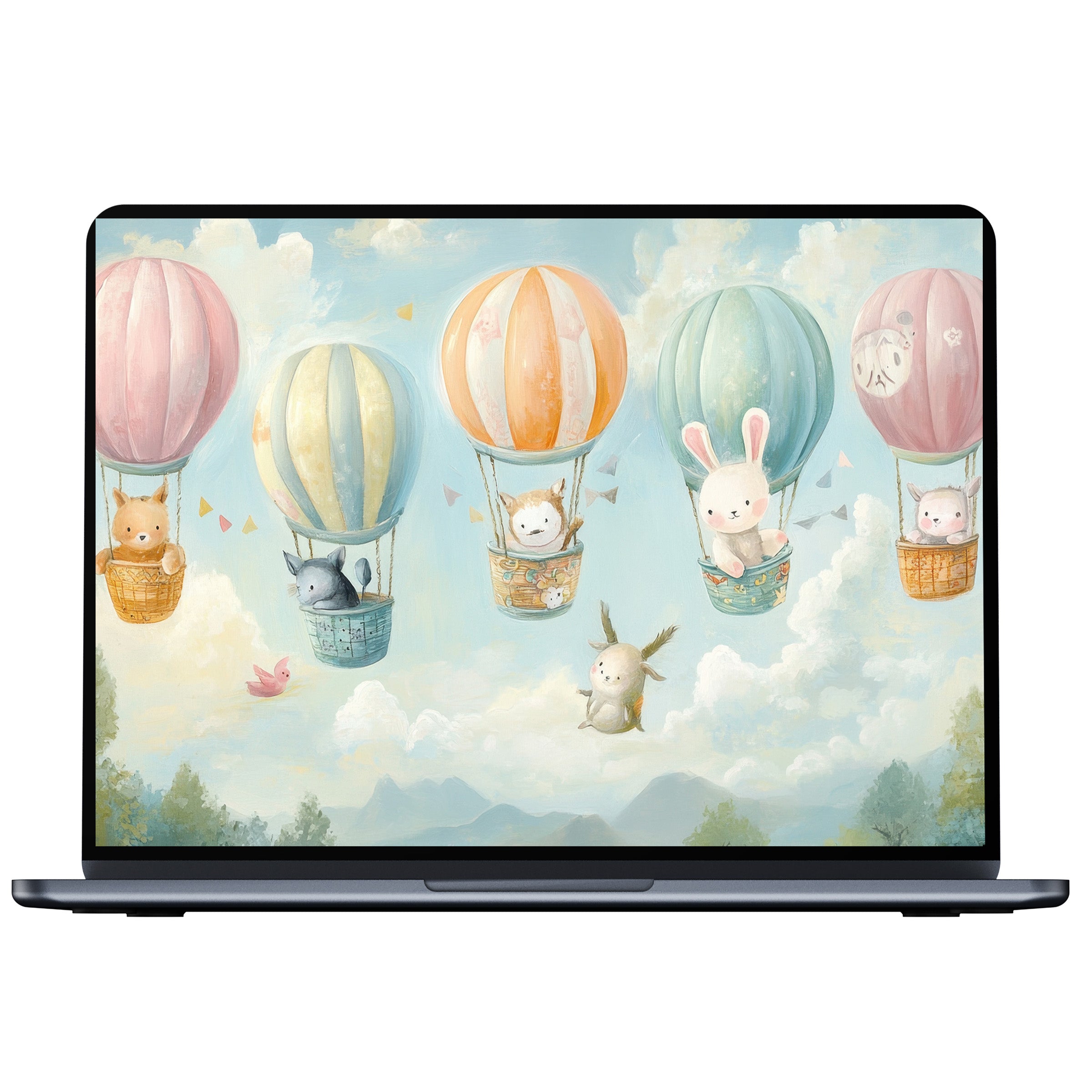 Nursery desktop wallpaper featuring pastel hot air balloons and animals evokes calm and joy fitting PC and laptop digital download