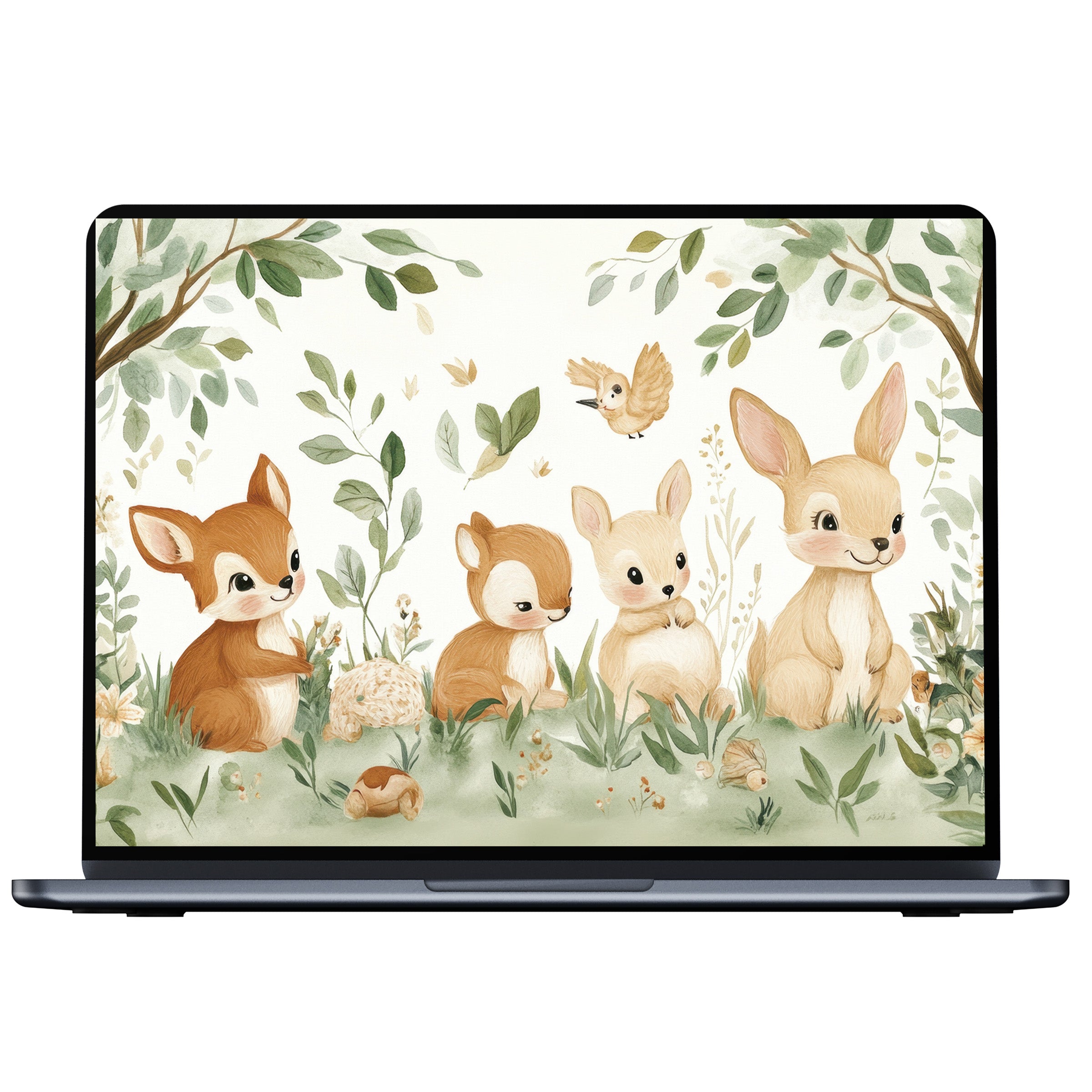 Charming nursery desktop wallpaper digital download with woodland animals and soft pastels inspires tranquility on PC or laptop screens