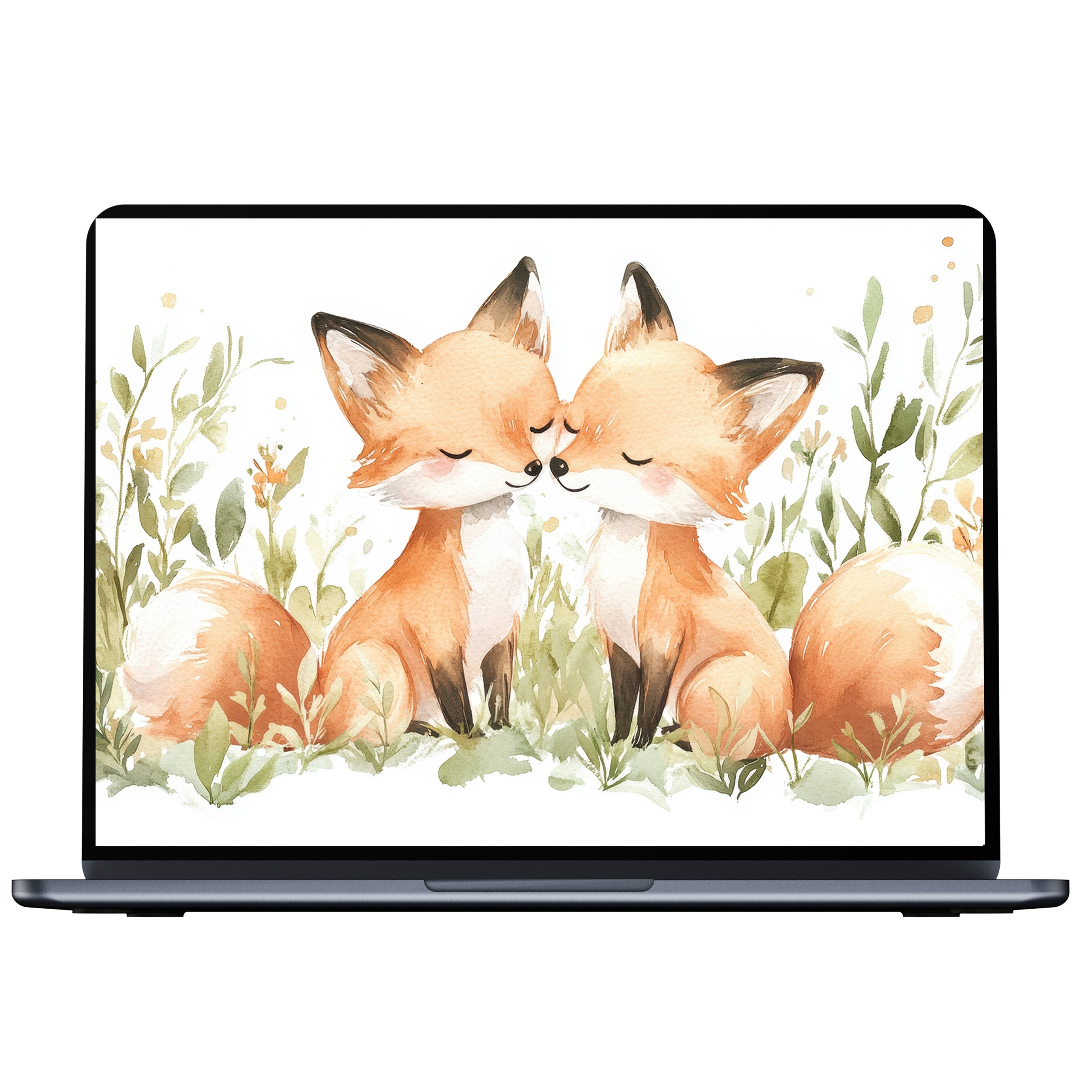 Charming nursery desktop wallpaper with watercolor foxes amidst greenery inspires calm elegance, perfect for PC, laptop digital download