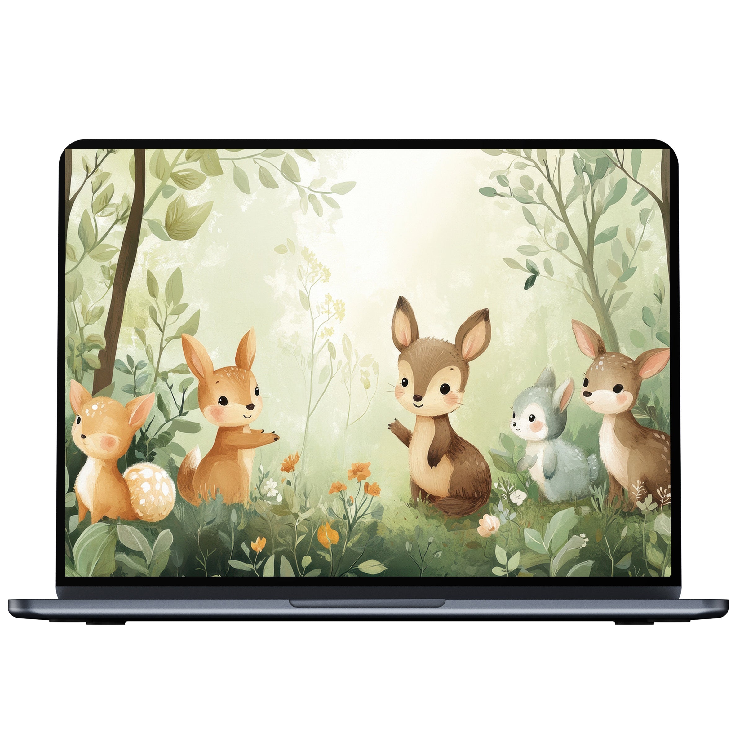 Calm and enchanting nursery desktop wallpaper featuring whimsical forest animals in soft pastels perfect for PC and laptop digital download