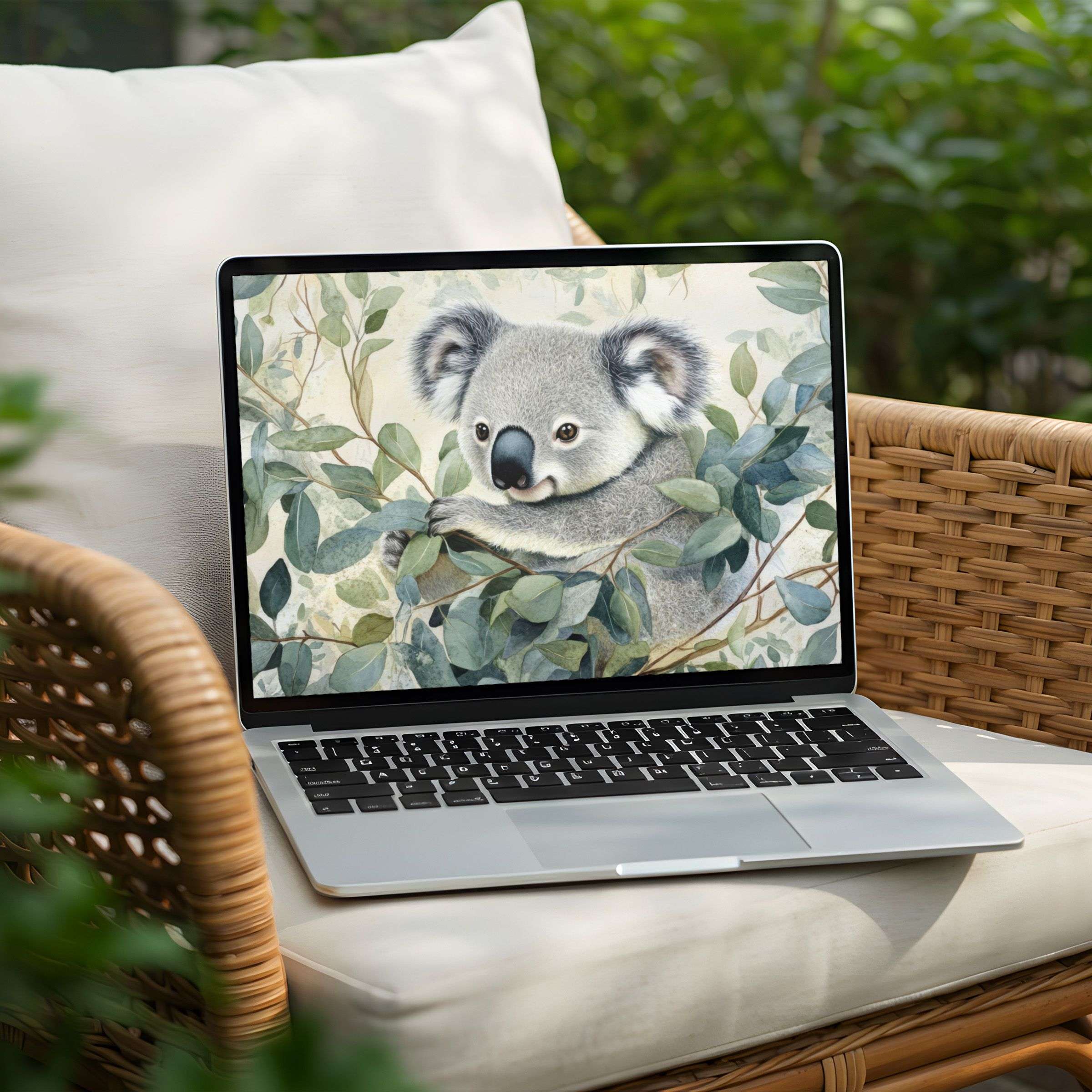 Calm koala illustration on PC or Laptop desktop background for instant download inspires mindfulness with elegant nature tones