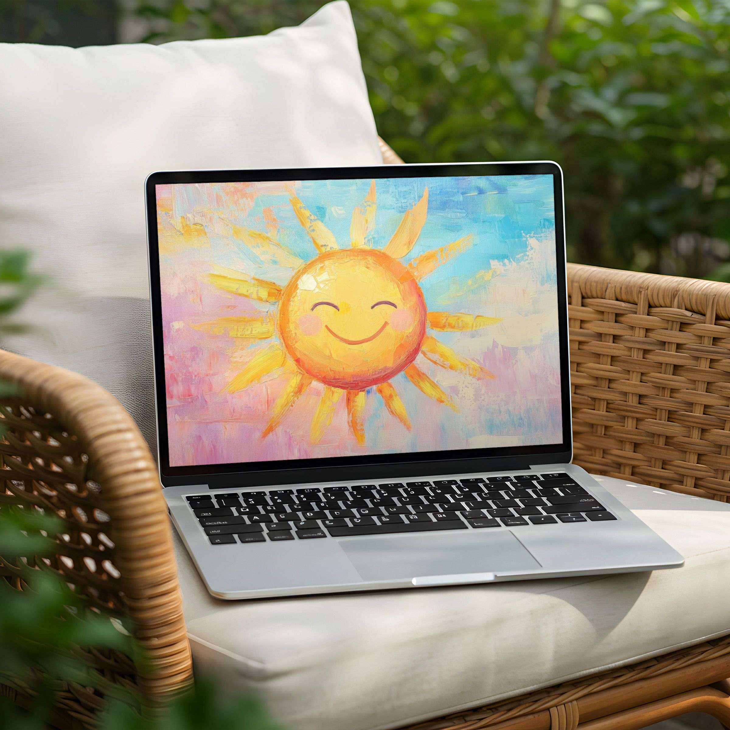 Colorful sun painting on a PC offers a cheerful, calm desktop background for instant download, perfect for mindful Laptop users