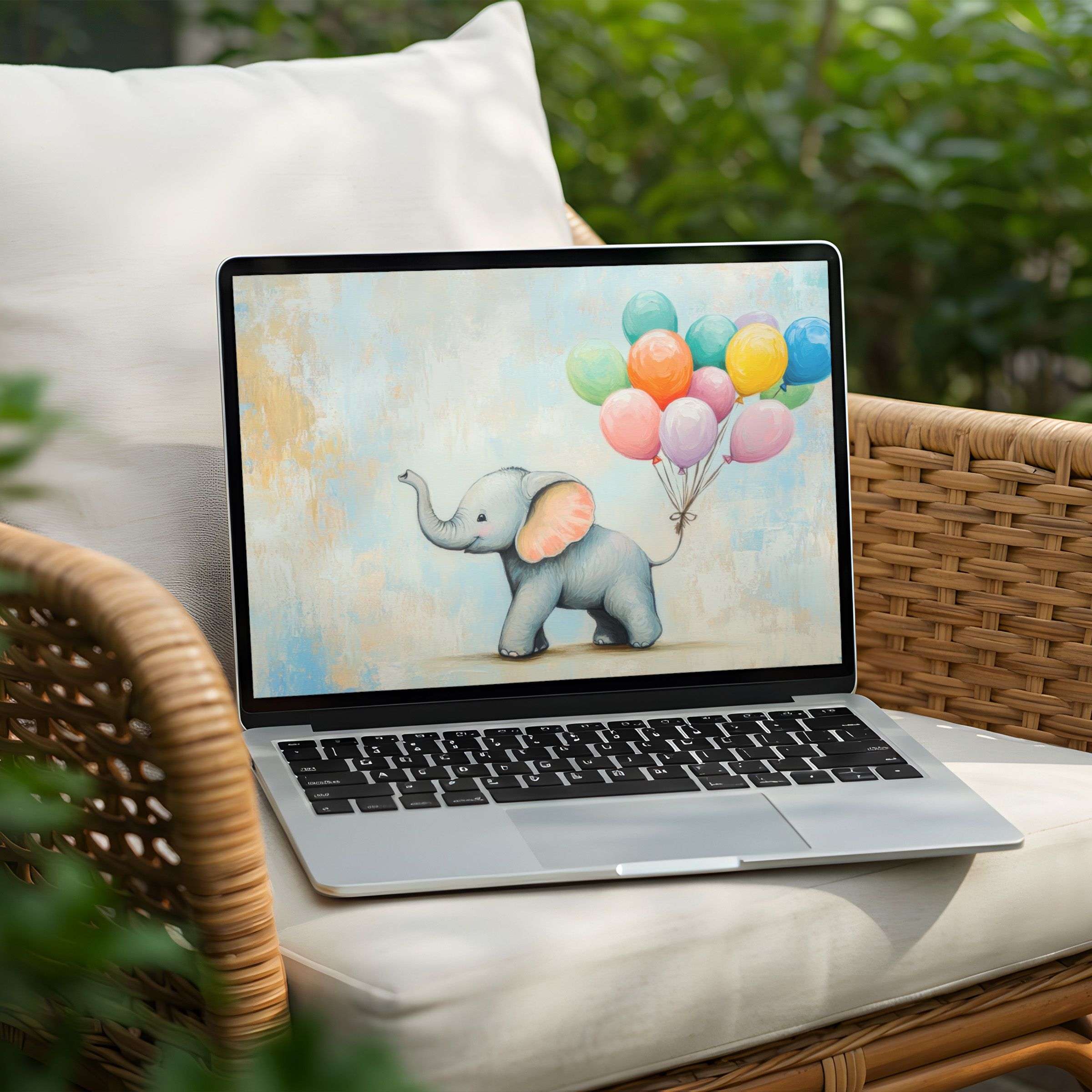 Elegant watercolor elephant with colorful balloons desktop background for PC or Laptop instant download for serene inspiration