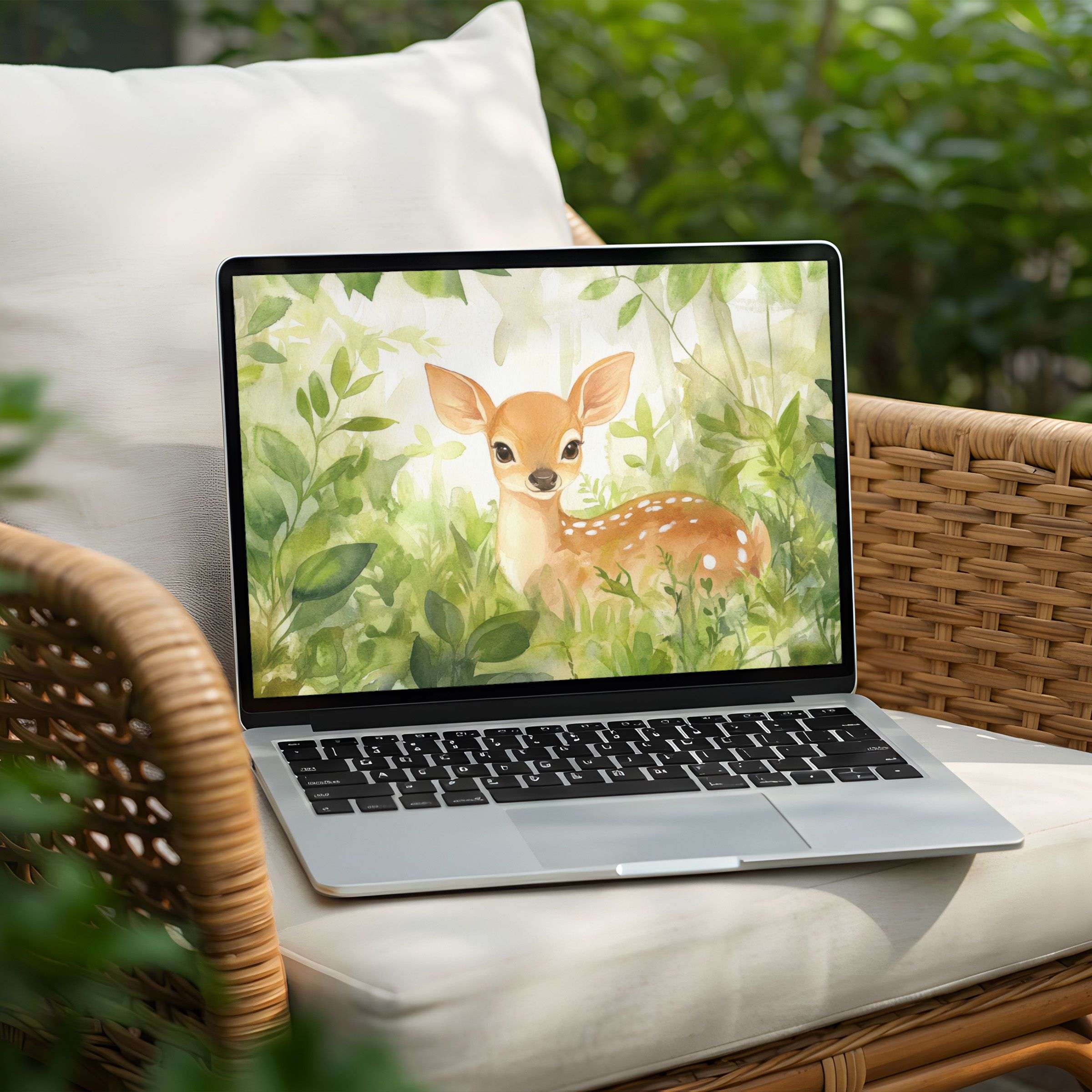 Charming deer in lush watercolor on a PC or Laptop desktop background for instant download offering mindful elegance and calm