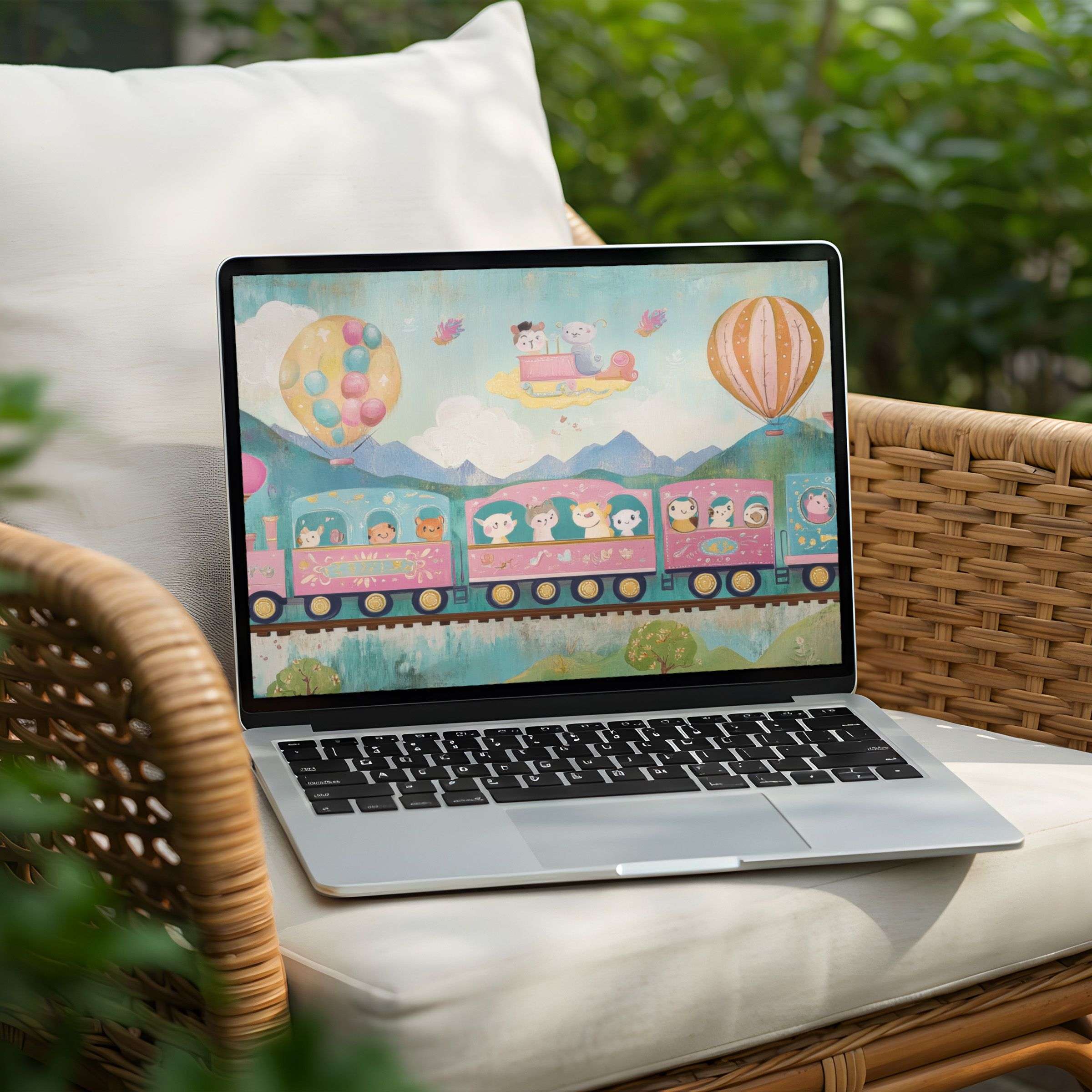 Vibrant desktop background featuring whimsical train and balloons, perfect for instant download on your PC or Laptop for daily inspiration