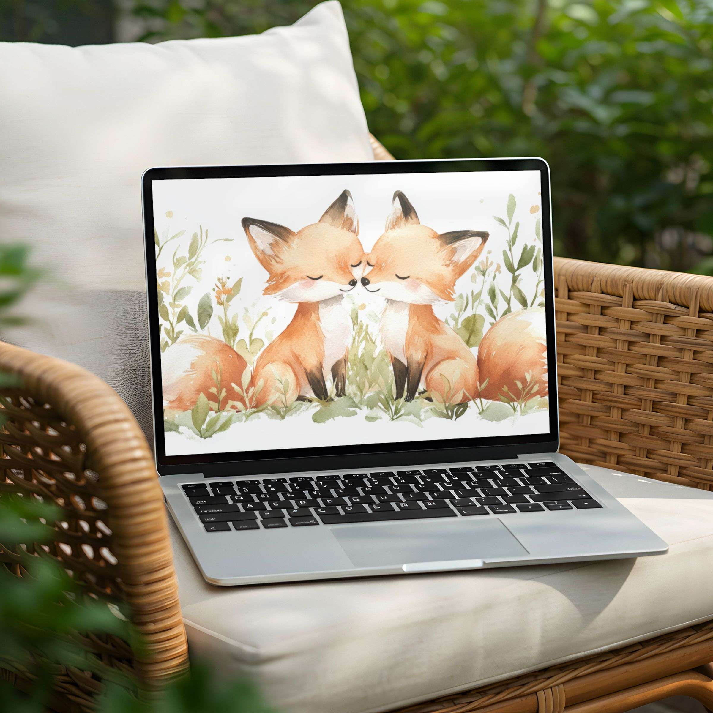 Charming watercolor foxes desktop background for PC and Laptop instant download for a calm and inspiring digital art experience