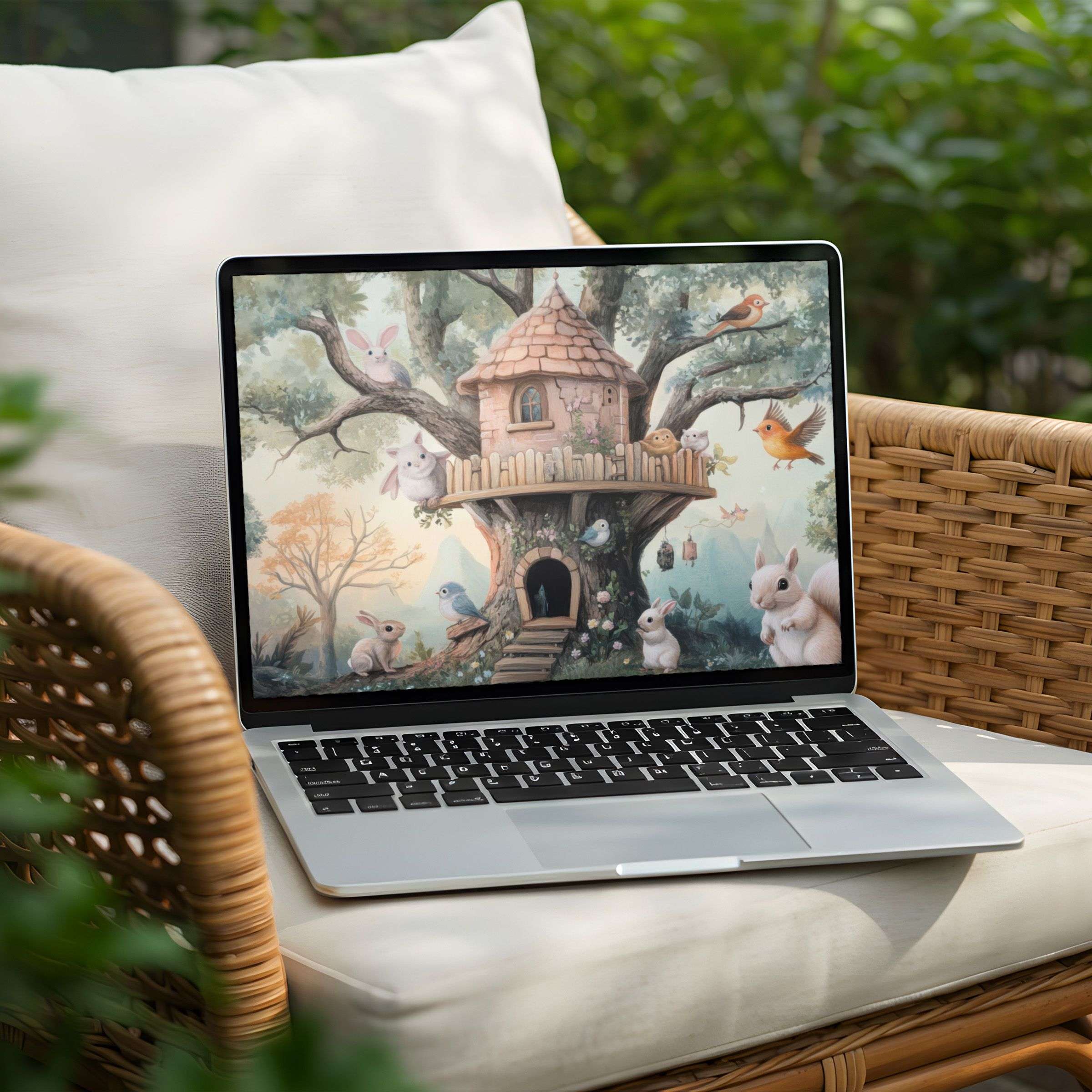 Calming desktop background with whimsical treehouse art for PC or Laptop instant download inspiring nature and mindfulness