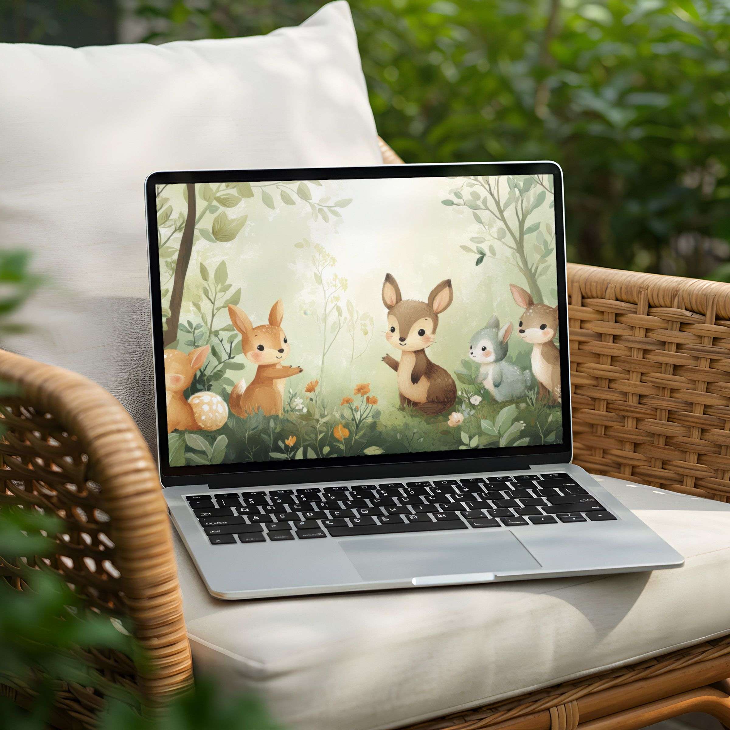 Cute woodland creatures in soft pastels create a peaceful, inspiring desktop background for PC or Laptop instant download