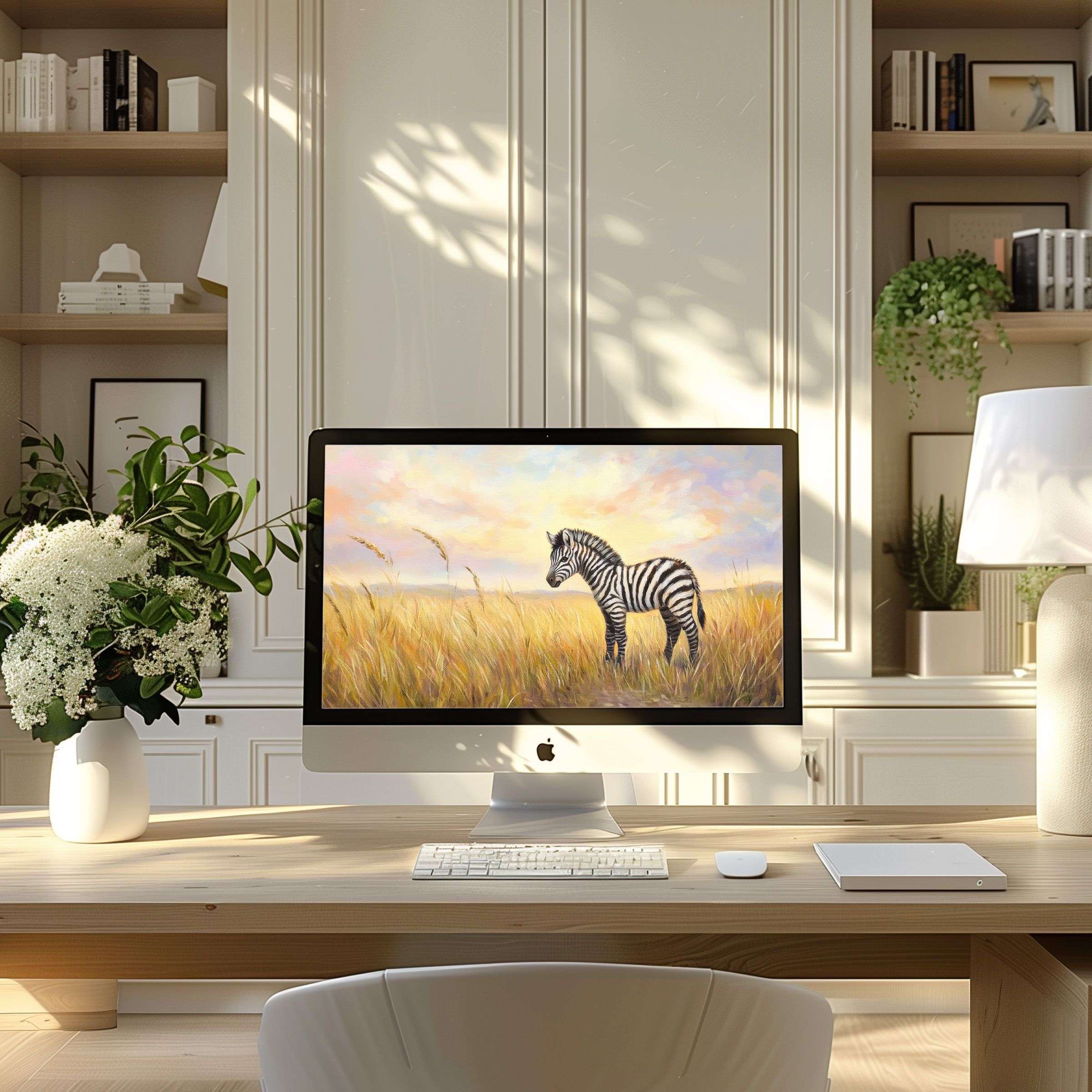 Elegant zebra artwork evokes calm in a modern office, perfect for wallpaper for computer, PC, and Laptop digital download