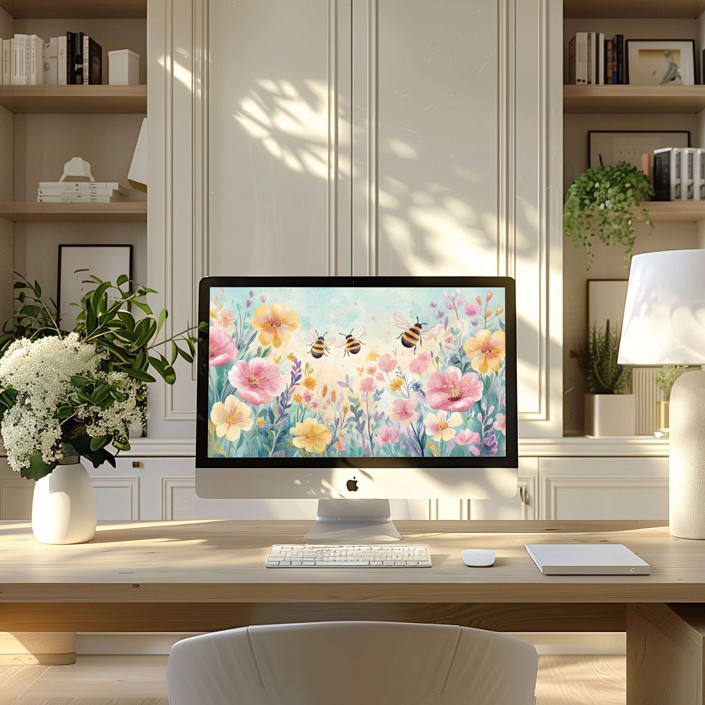 Elegant floral and bee digital art wallpaper for computer in a serene home office enhances inspiration on PC, Laptop, ultrawide