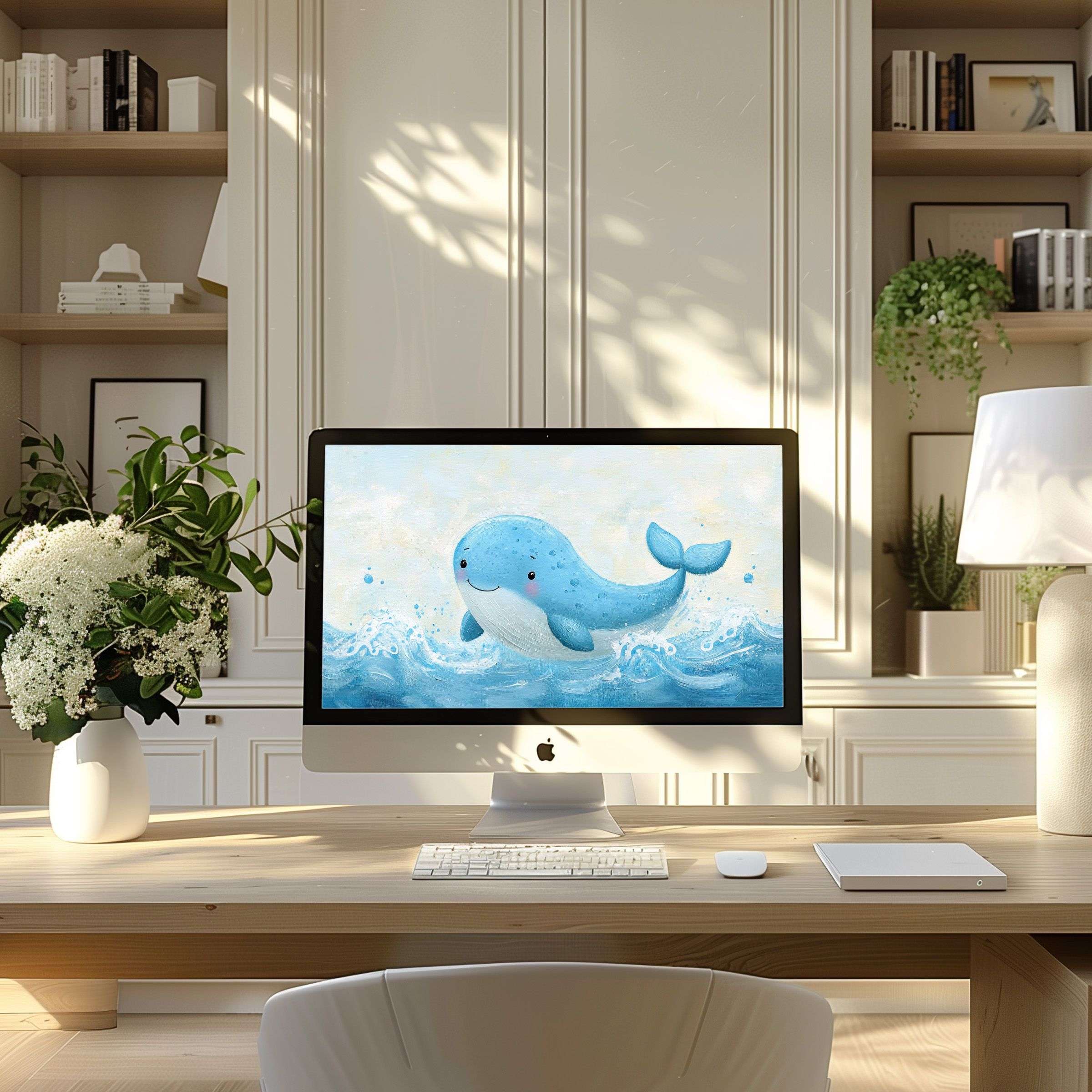 Elegant digital art of a blue whale on waves enhances calm in a modern PC and laptop setup, ideal as a wallpaper for computer