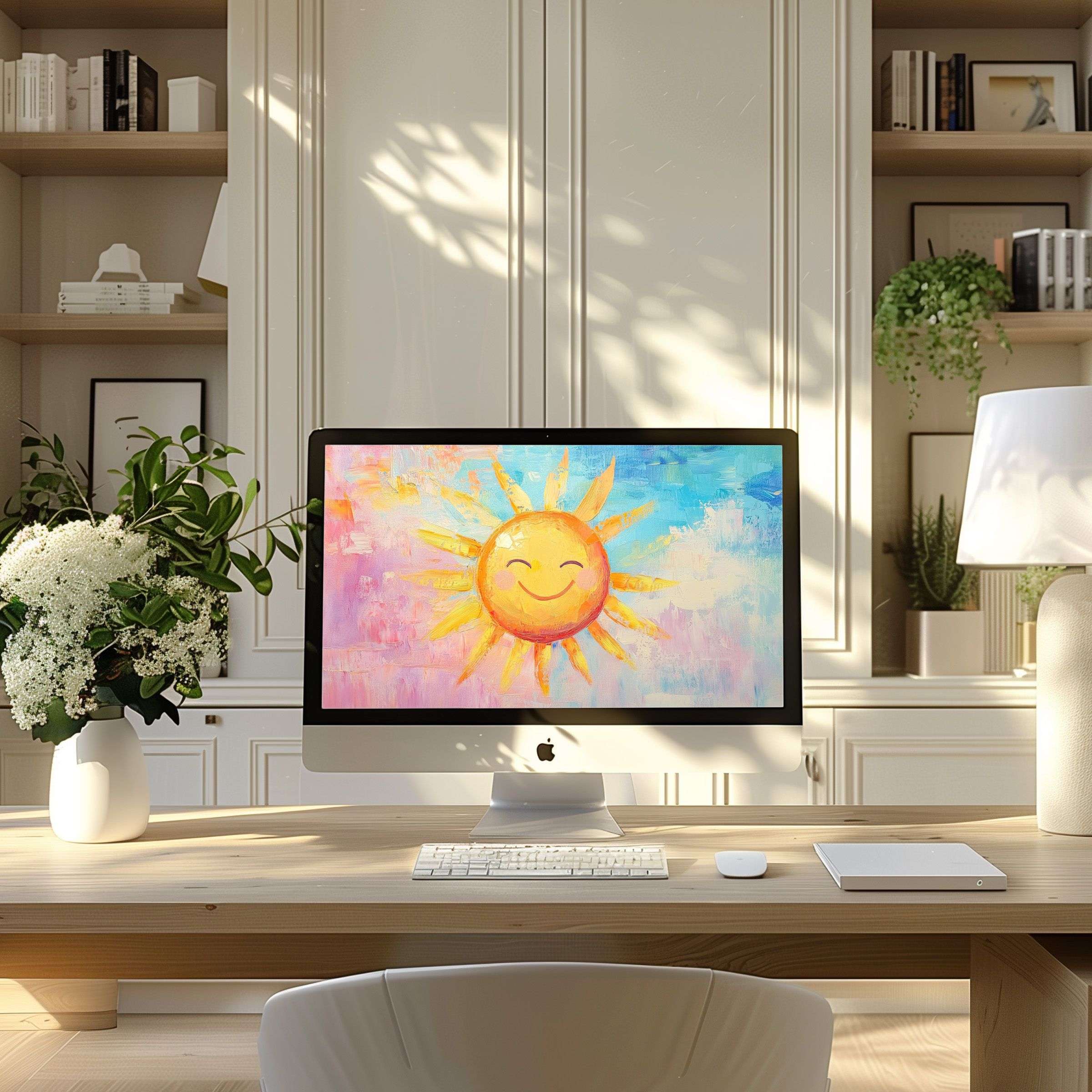 Inspirational sun-themed wallpaper for computer enhances calm elegance on PC or laptop, fits modern home office, digital download