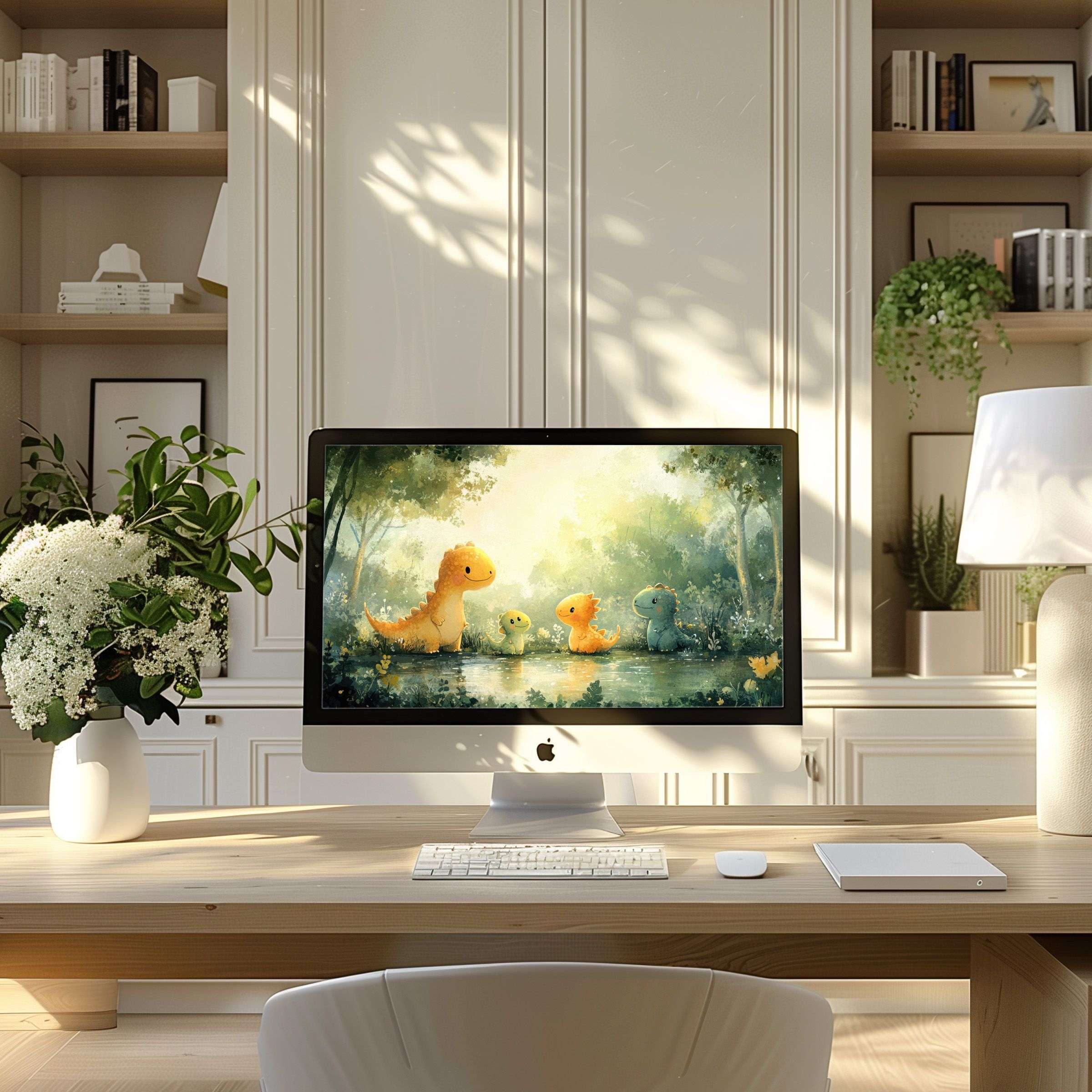 Elegant digital art of playful dinosaurs in lush greenery as wallpaper for computer, perfect for PC, laptop, and ultrawide displays