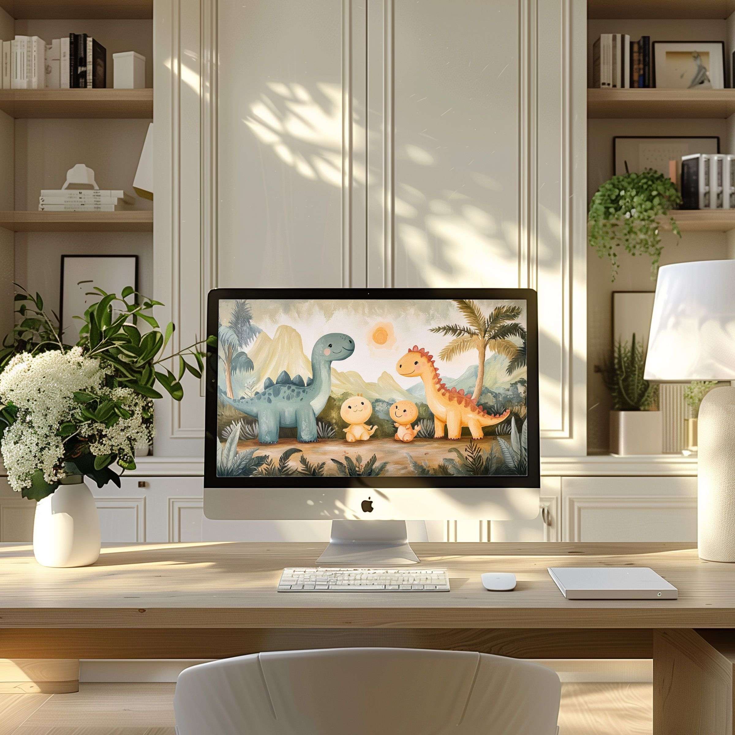 Vibrant dinosaur artwork as a calming wallpaper for computer in a modern home office setting ideal for PC and Laptop users