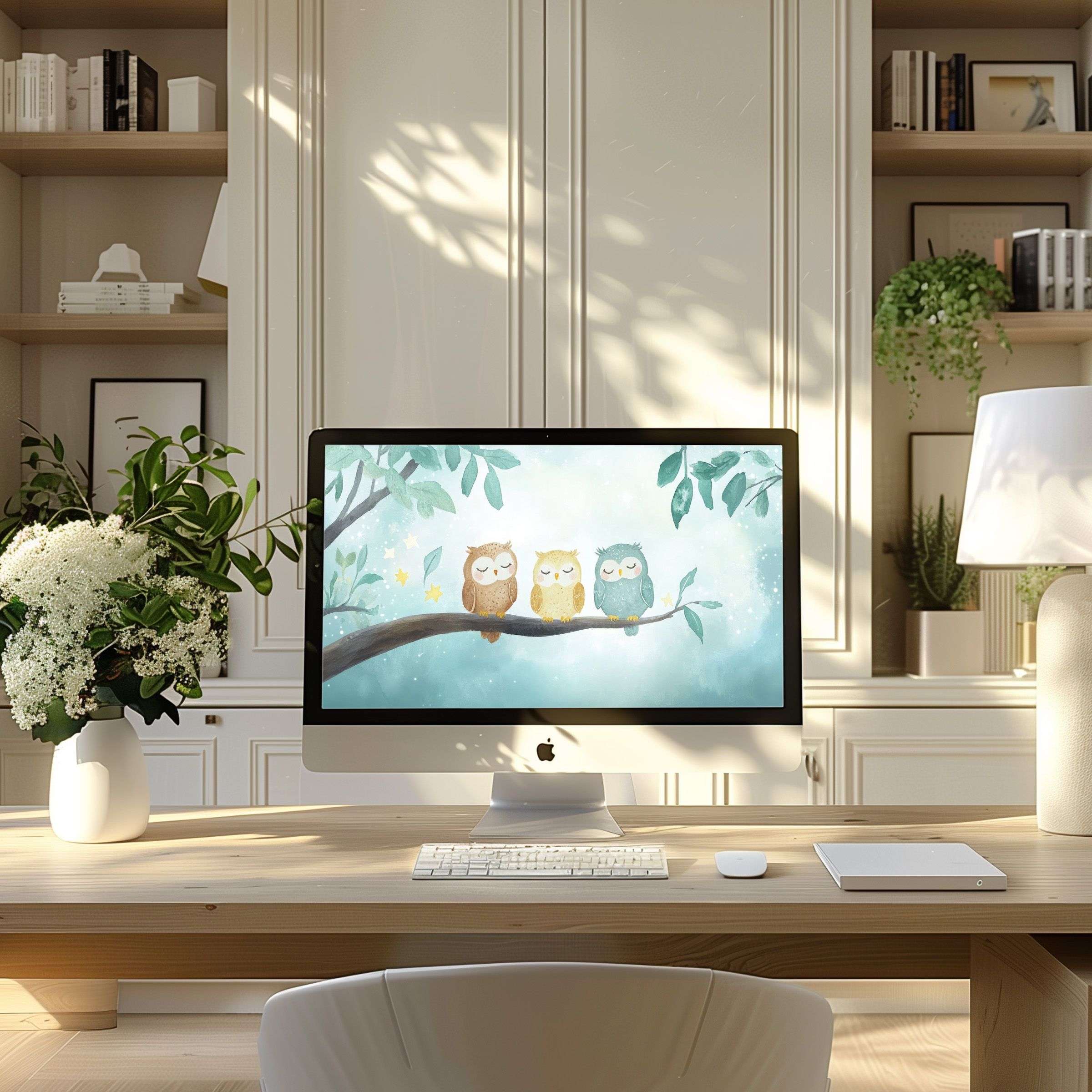 Enchanting owl motif wallpaper for computer brings serenity to your PC or laptop in a modern, inspiring home office setting