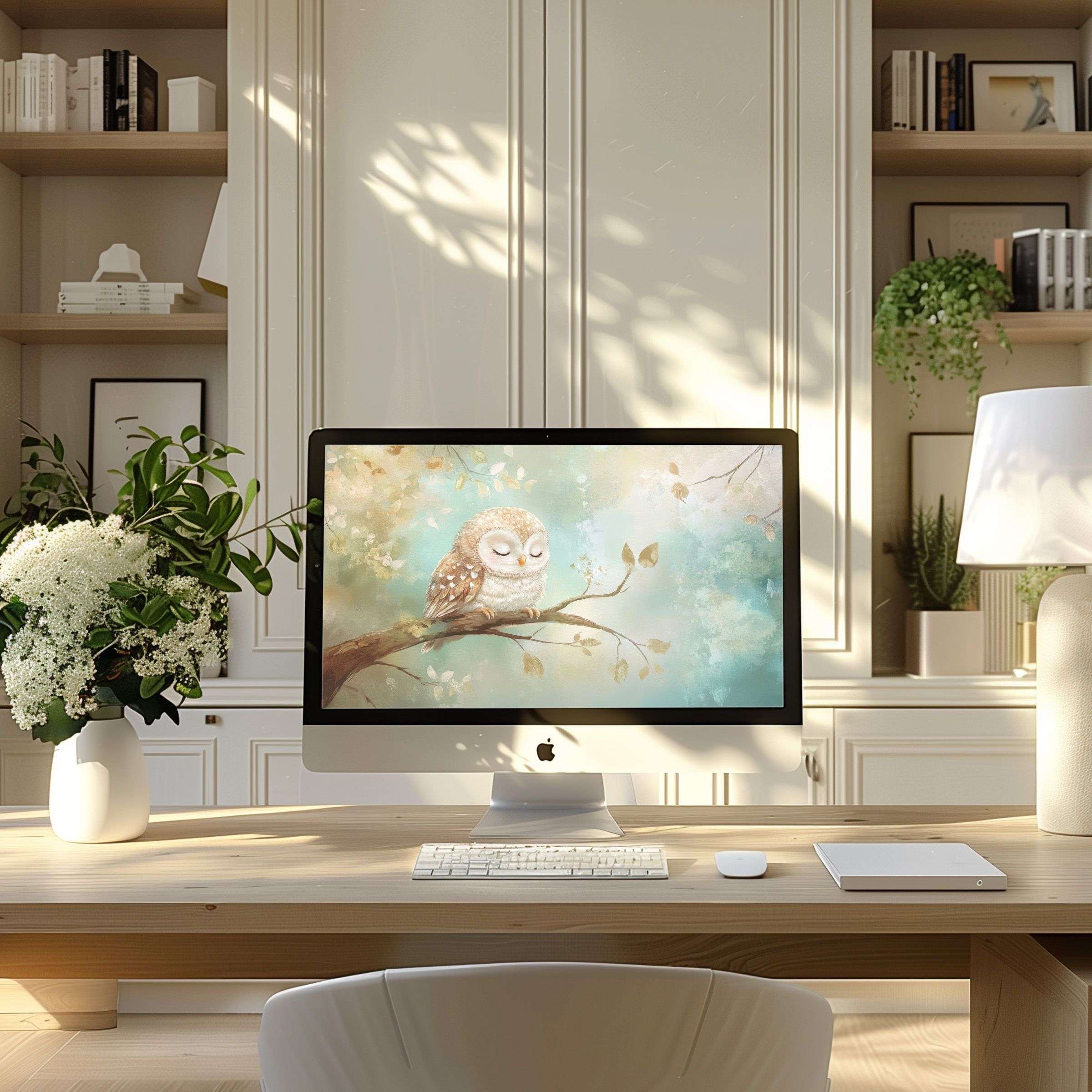 Elegant owl-themed wallpaper for computer enhances any modern home office, perfect for PC, laptop, ultrawide digital download