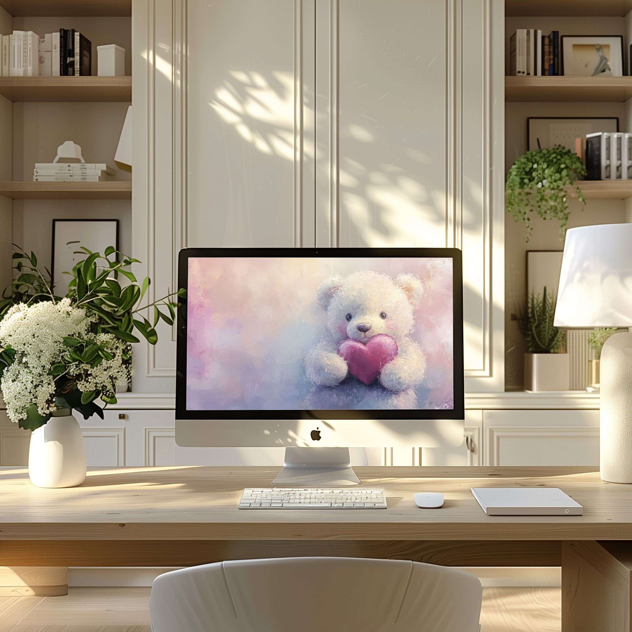 Charming teddy bear digital art as serene wallpaper for computer in modern office inspires calm and elegance for PC or Laptop