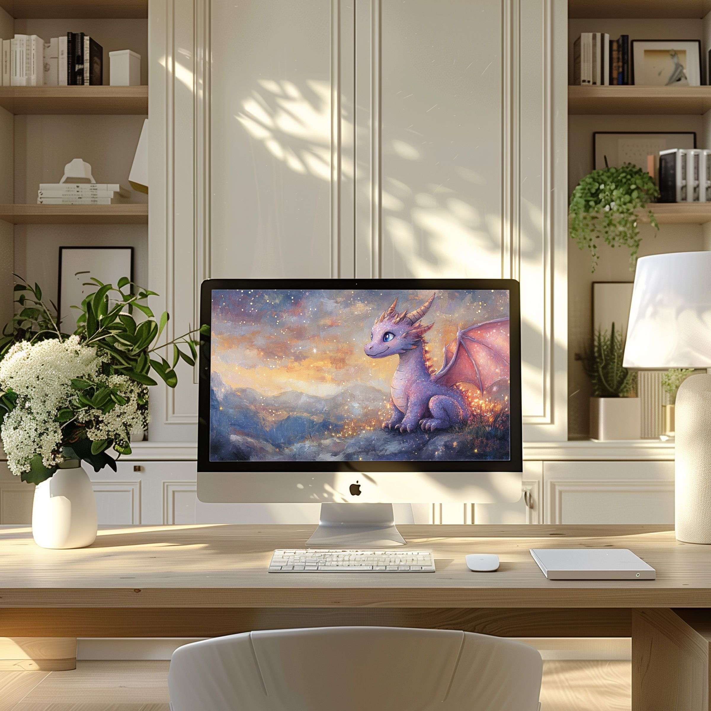 Calming digital dragon artwork as wallpaper for computer creates elegance in modern home office fitting PC and laptop displays