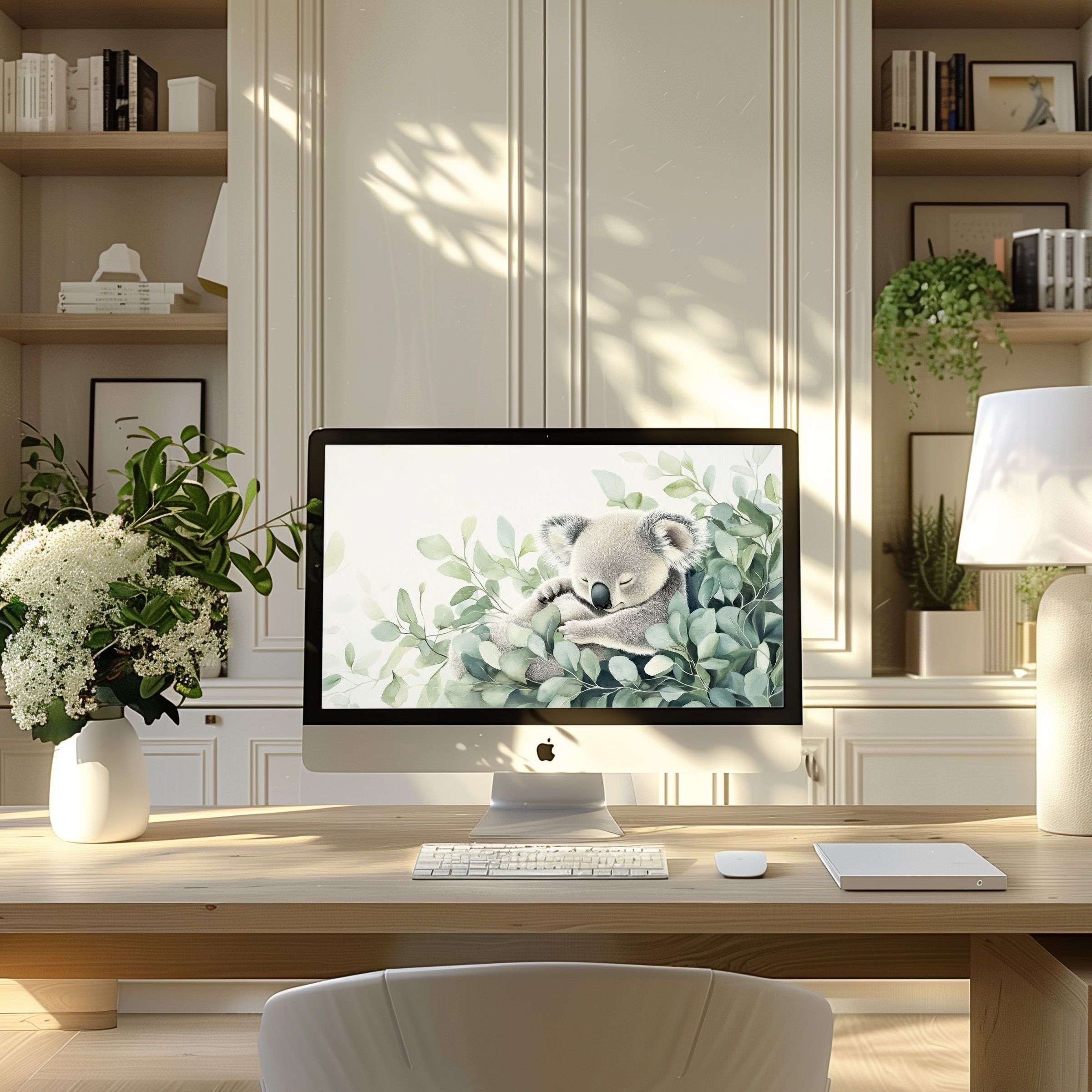 Calm and elegant koala artwork as wallpaper for computer in a modern home office, perfect for PC or laptop digital download