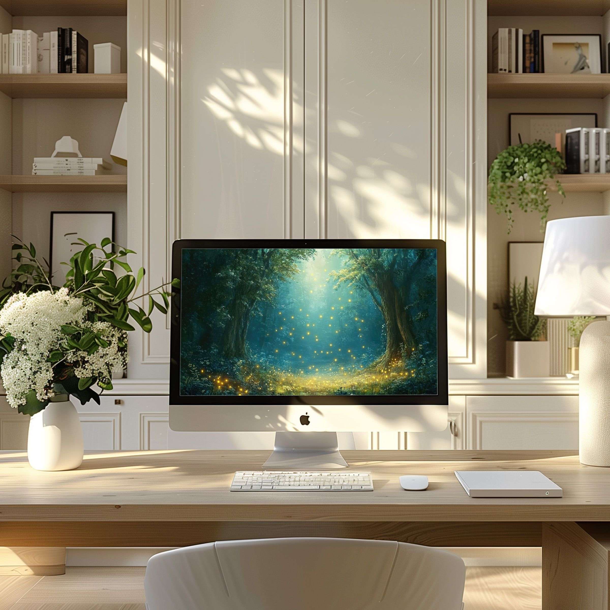 Ethereal forest scene wallpaper for computer on a modern home office desk inspires serenity and elegance on any PC or laptop