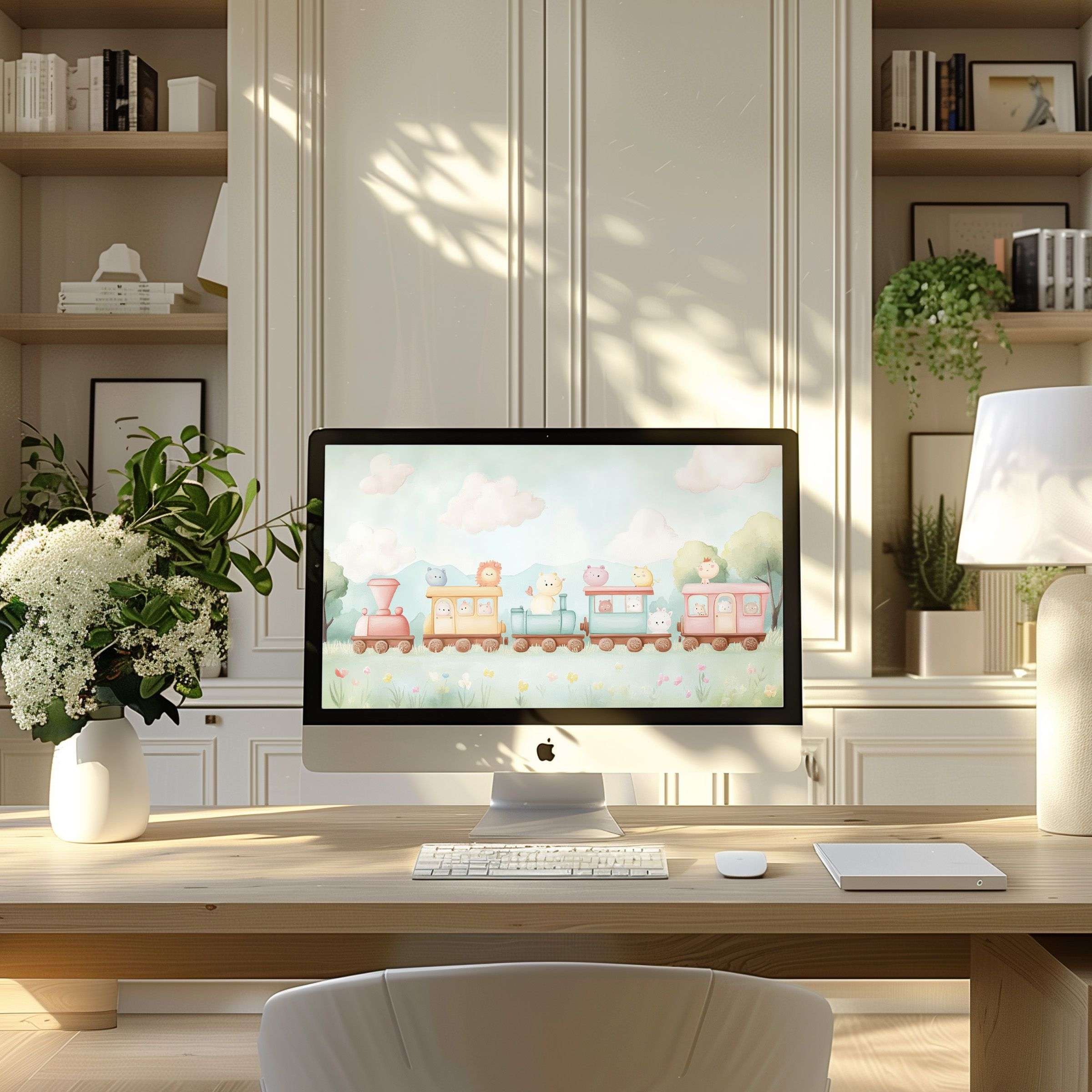 Inspire serenity with this pastel animal train wallpaper for computer perfect for PC and Laptop in a chic home office setting