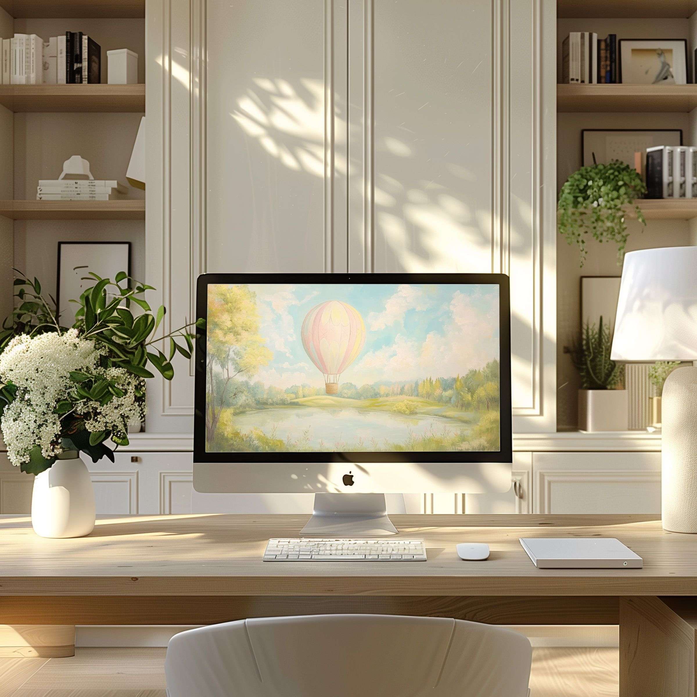 Elegant hot air balloon wallpaper for computer inspires serenity in a modern home office setting ideal for PC and laptop screens
